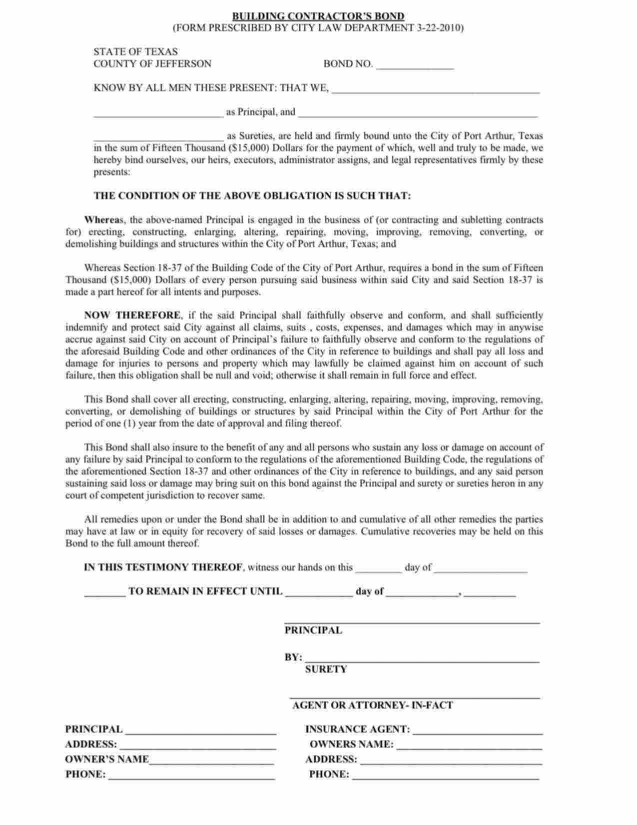 Texas Building Contractor - Residential Bond Form