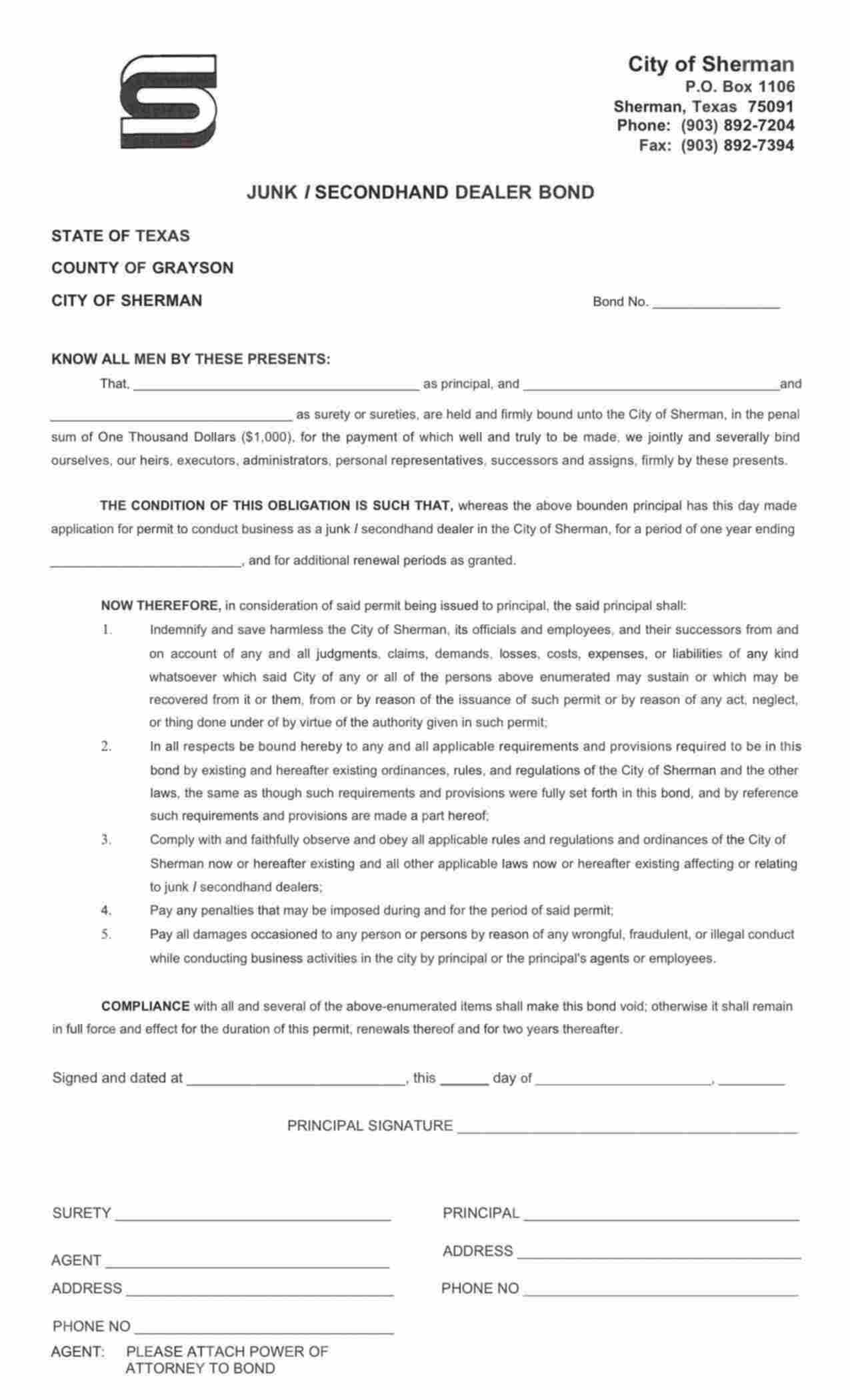 Texas Junk / Secondhand Dealer Bond Form