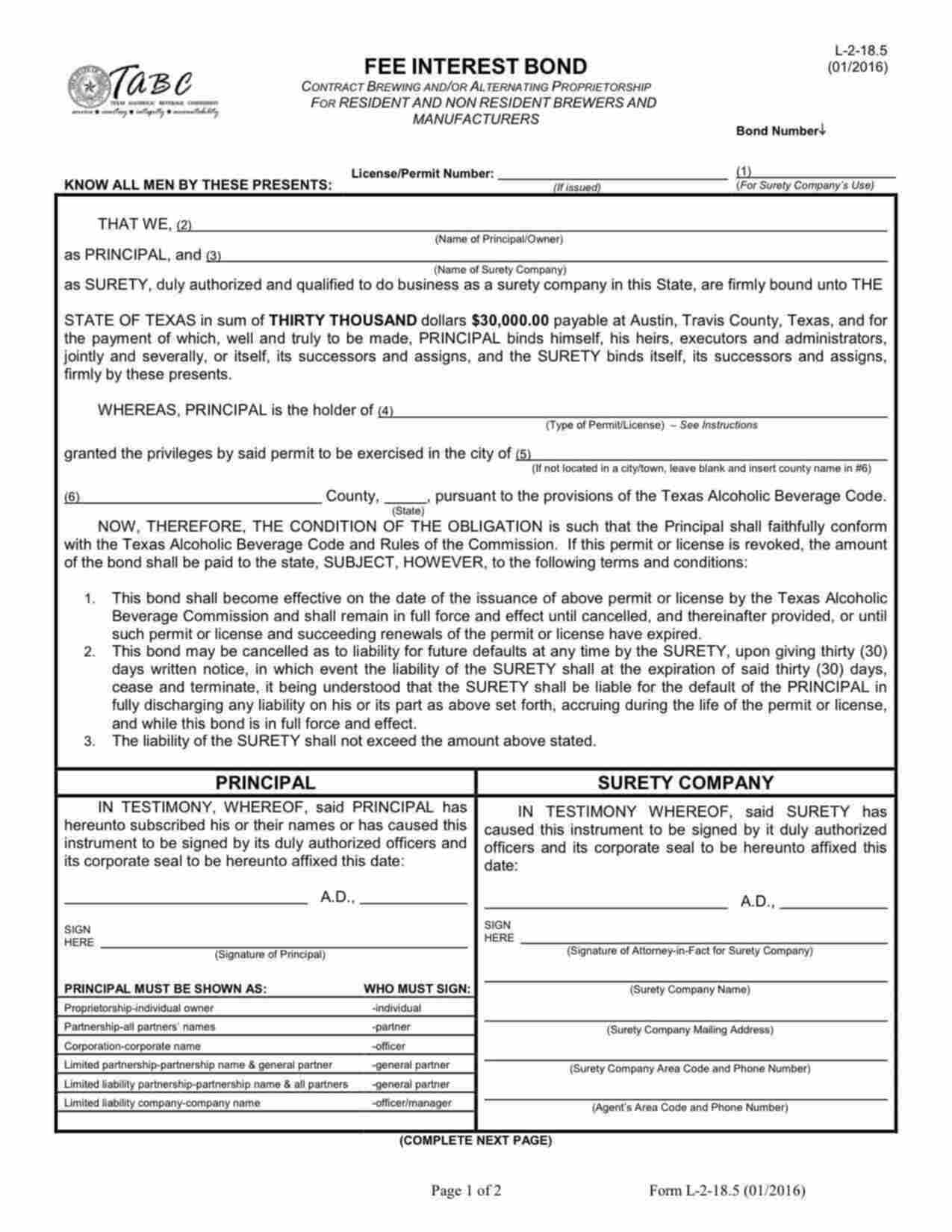 Texas Fee Interest: Nonresident Manufacturer's License (BS) Bond Form