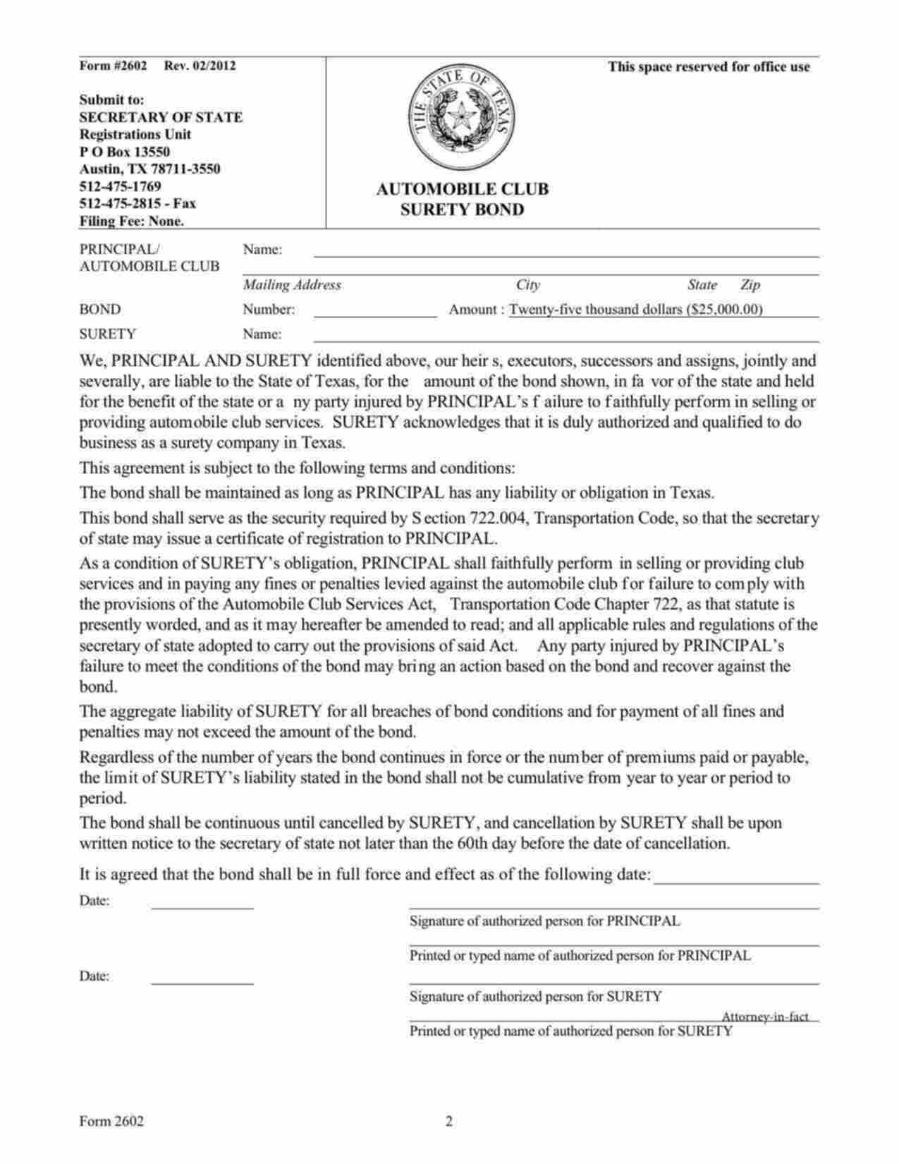 Texas Automobile Club Bond Form