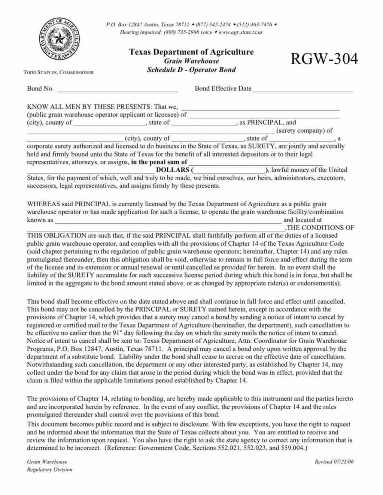 Texas Grain Warehouse Schedule D Operator Bond Form