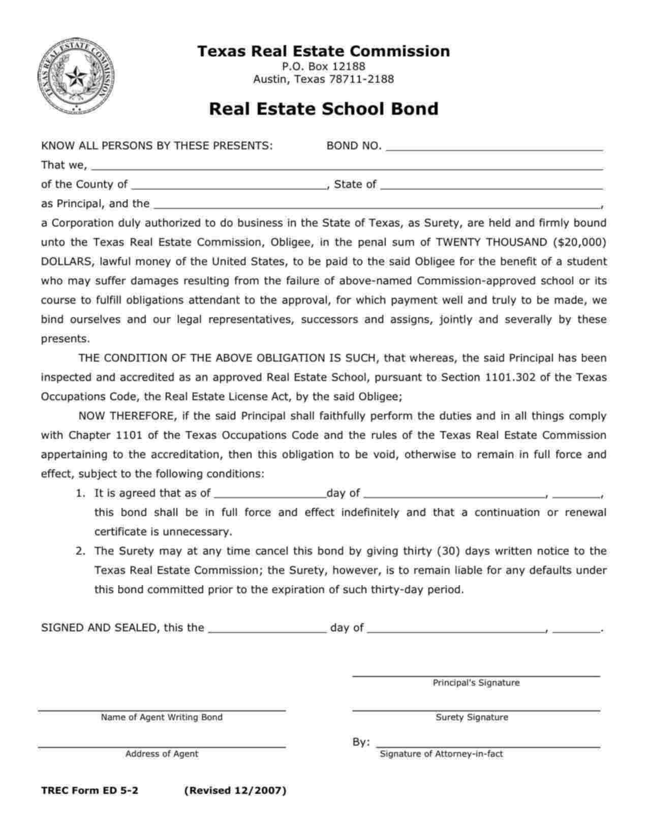 Texas Real Estate School Bond Form