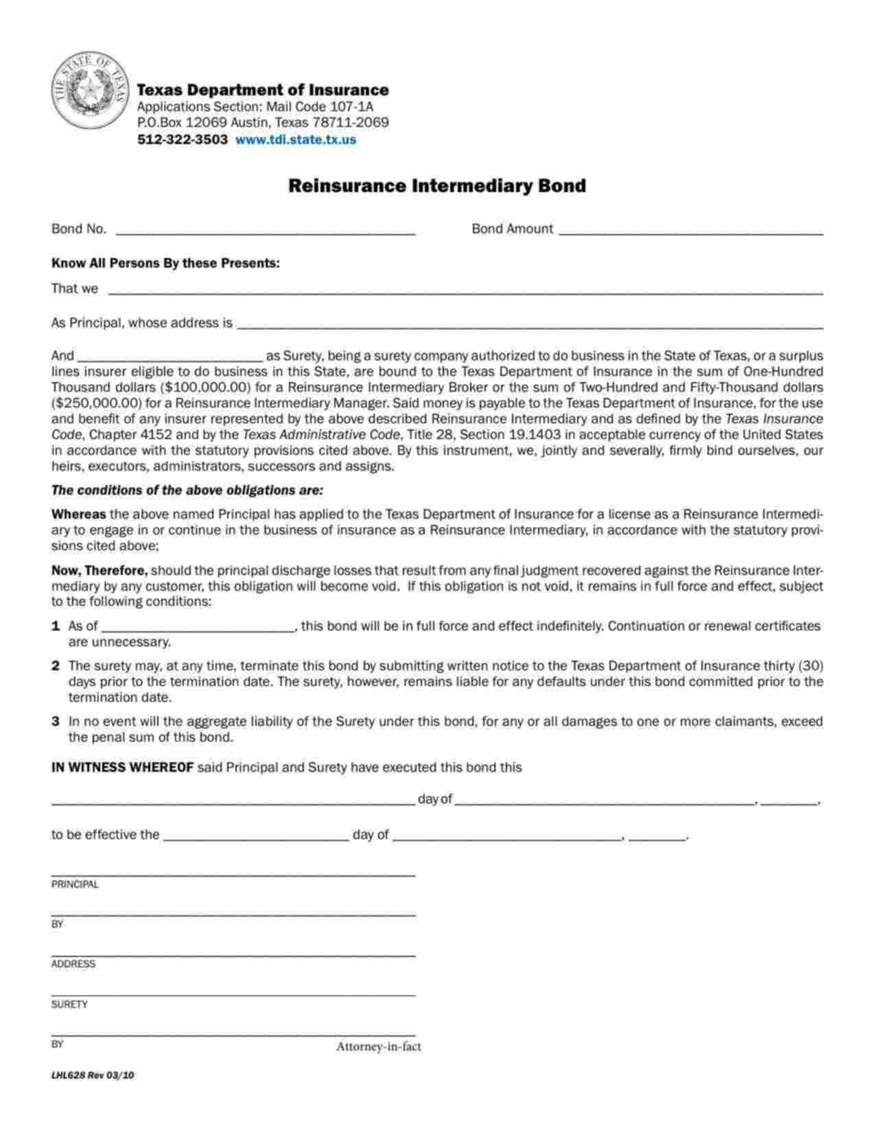 Texas Reinsurance Intermediary Bond Form