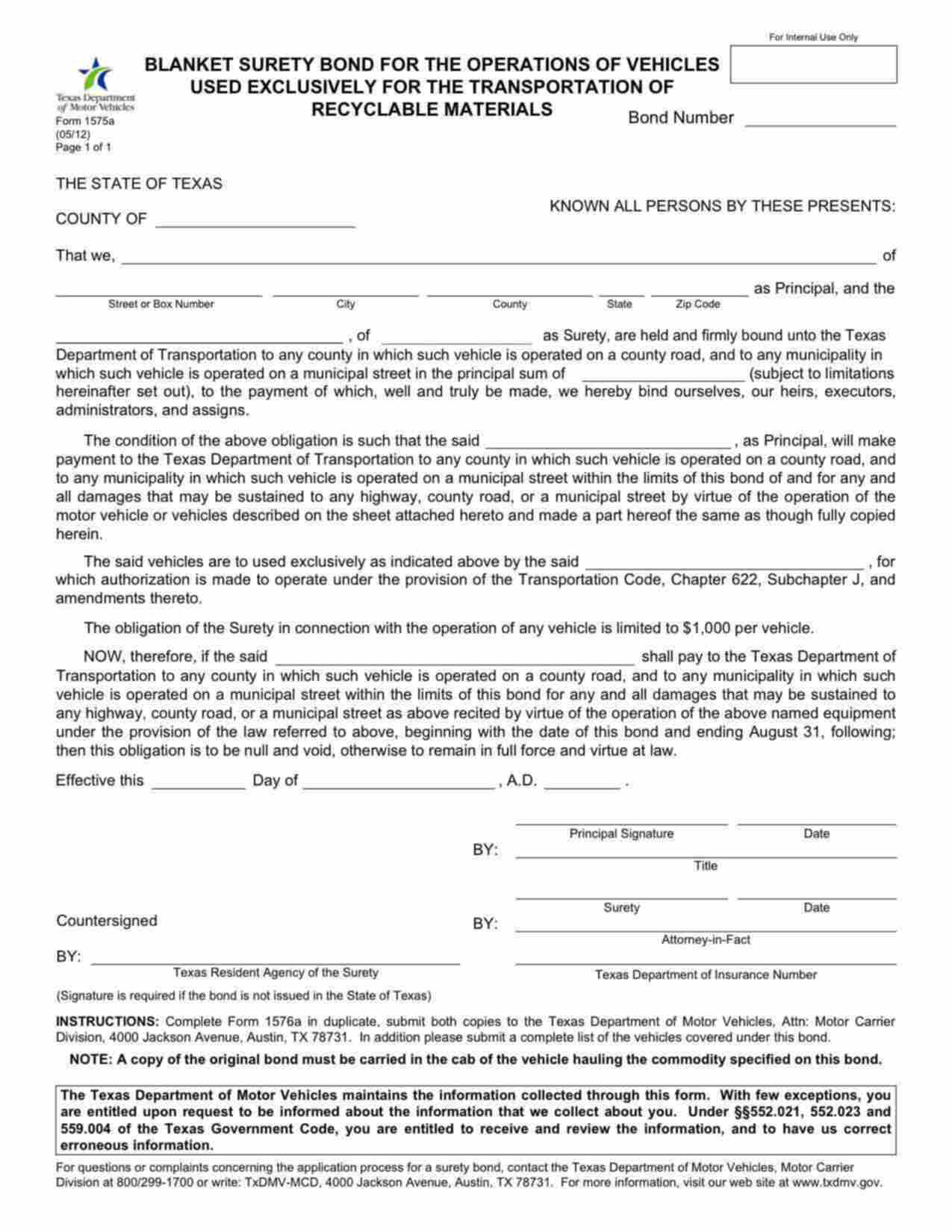 Texas Transportation of Recyclable Materials Bond Form