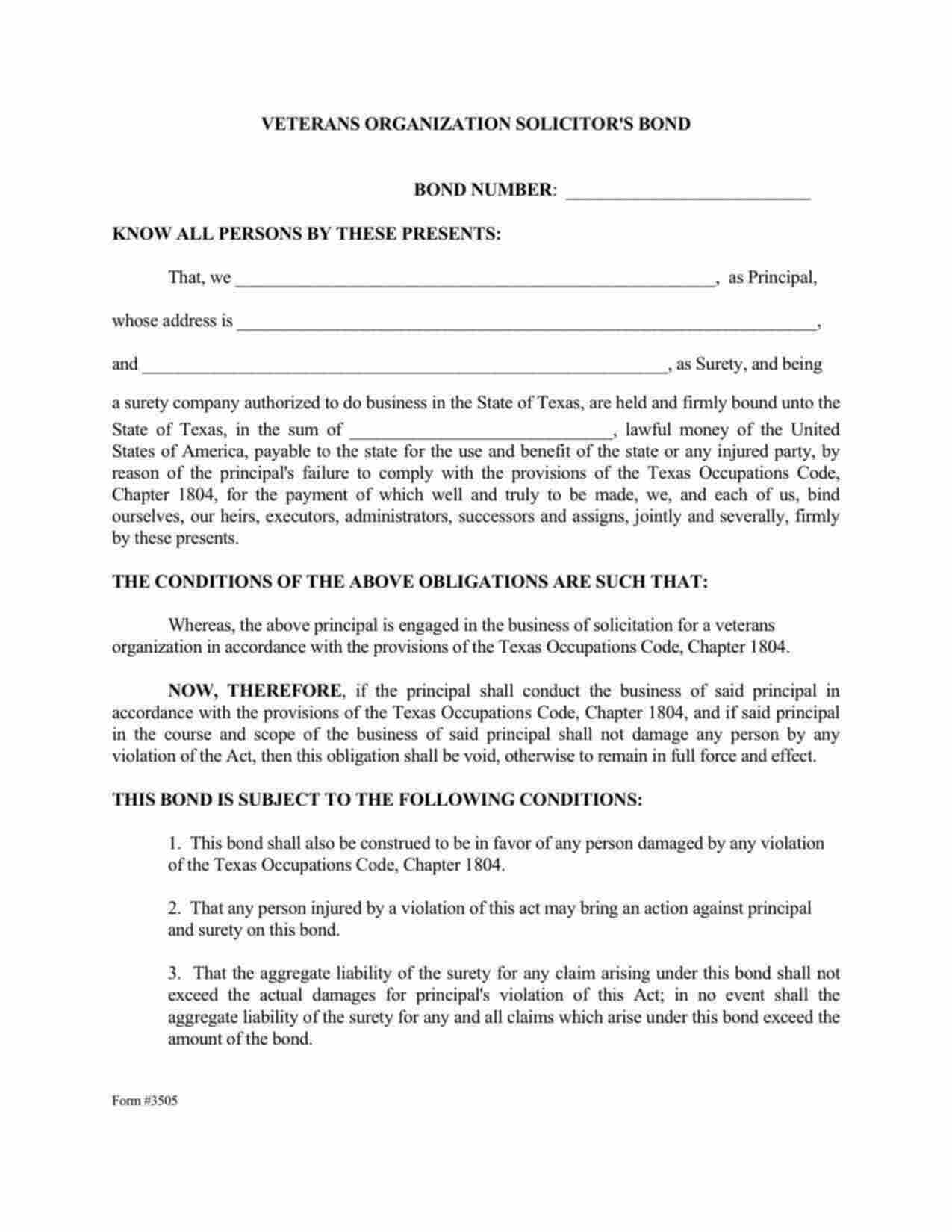 Texas Veterans Organization Solicitor Bond Form