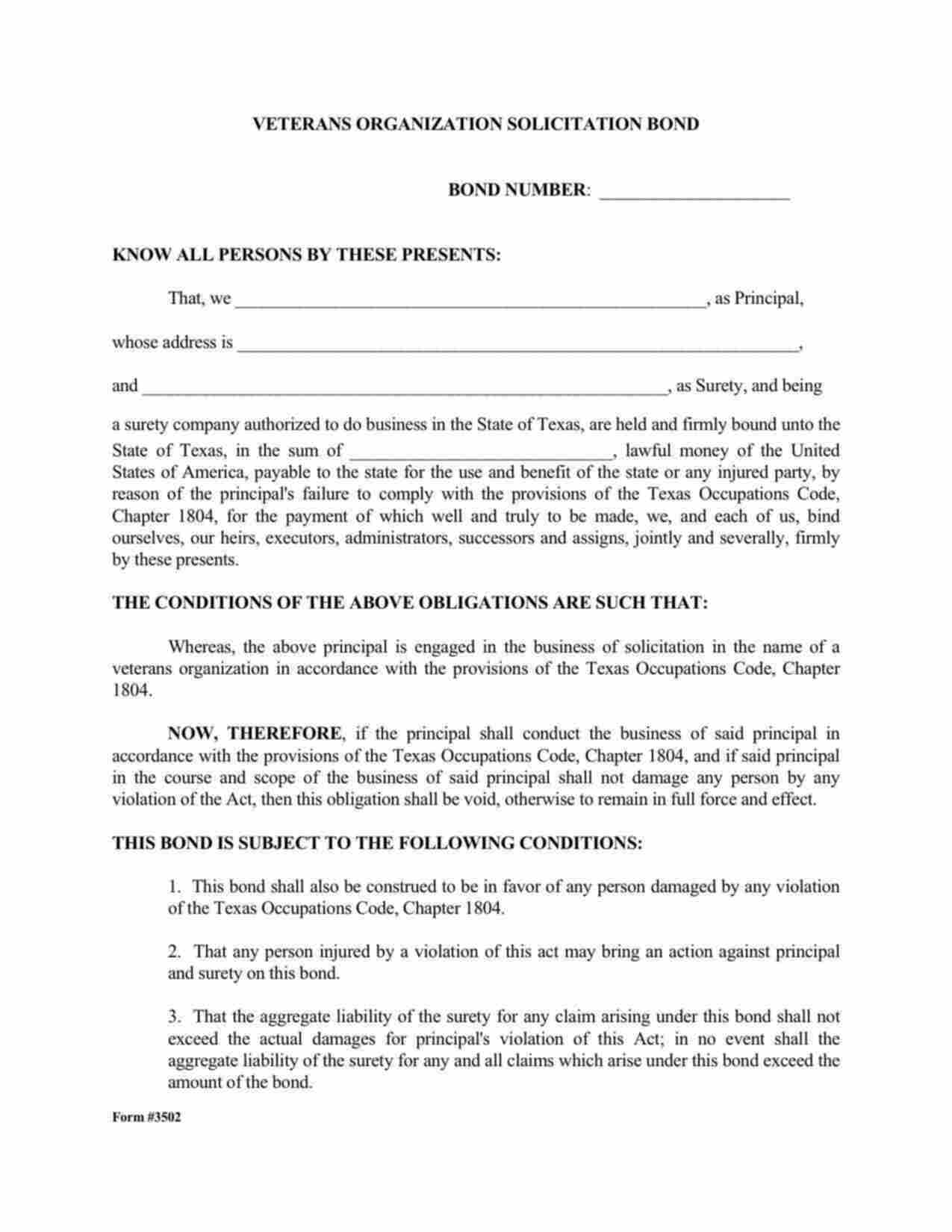 Texas Veterans Organization Solicitation Bond Form