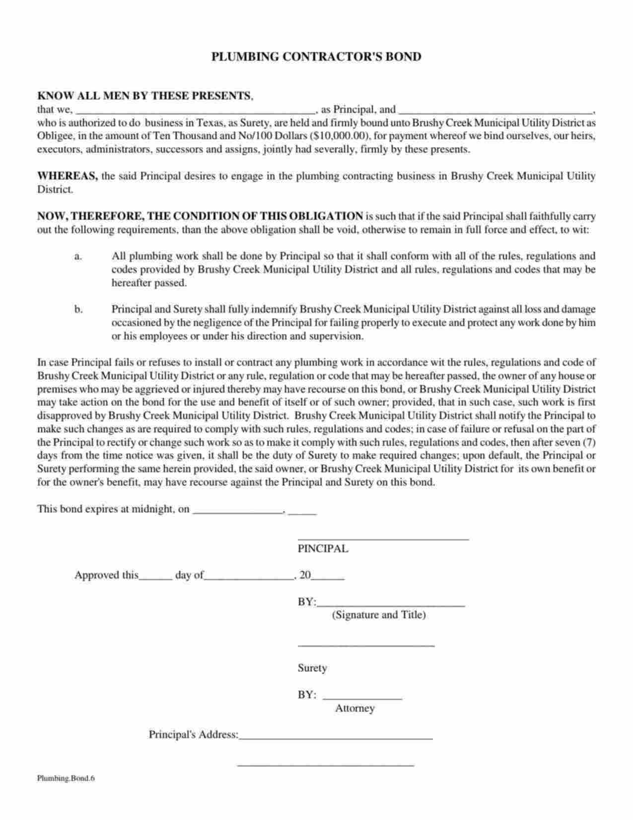 Texas Plumbing Contractor Bond Form