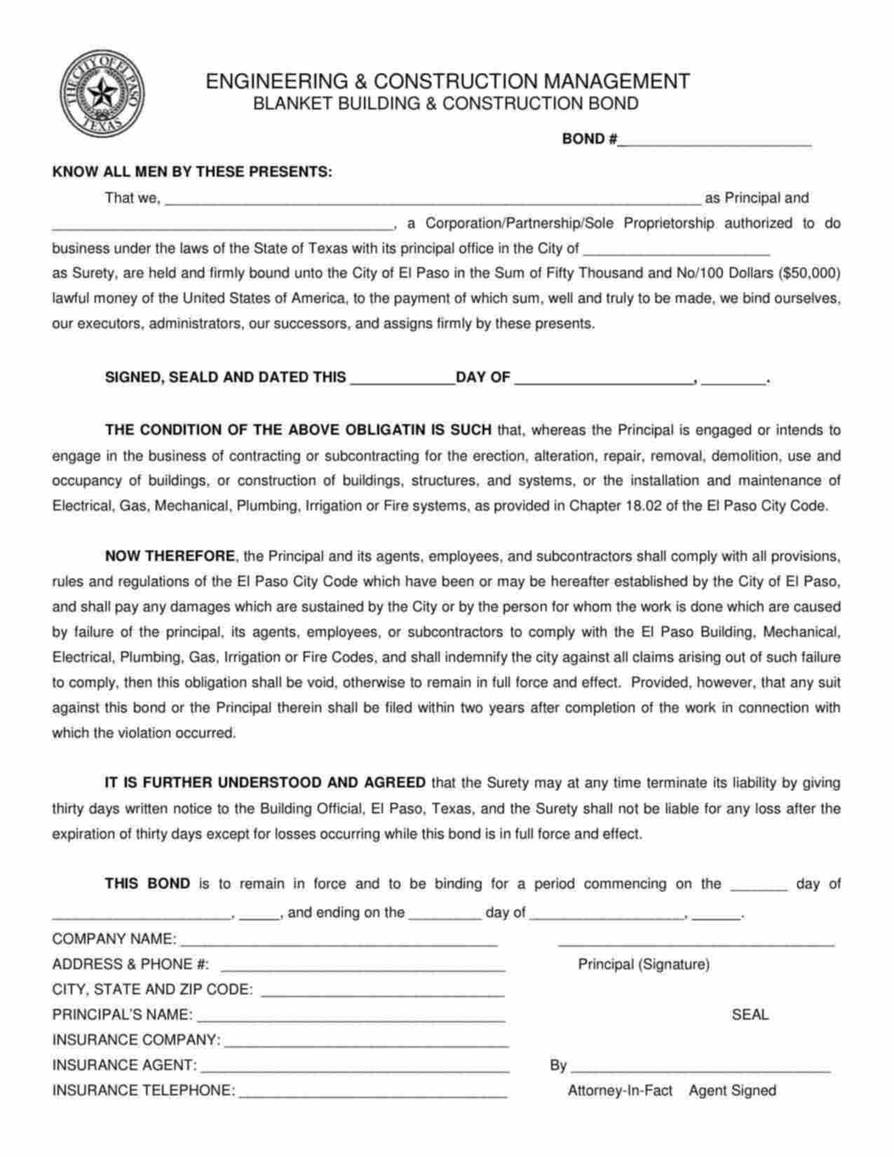 Texas Blanket Building and Construction Bond Form