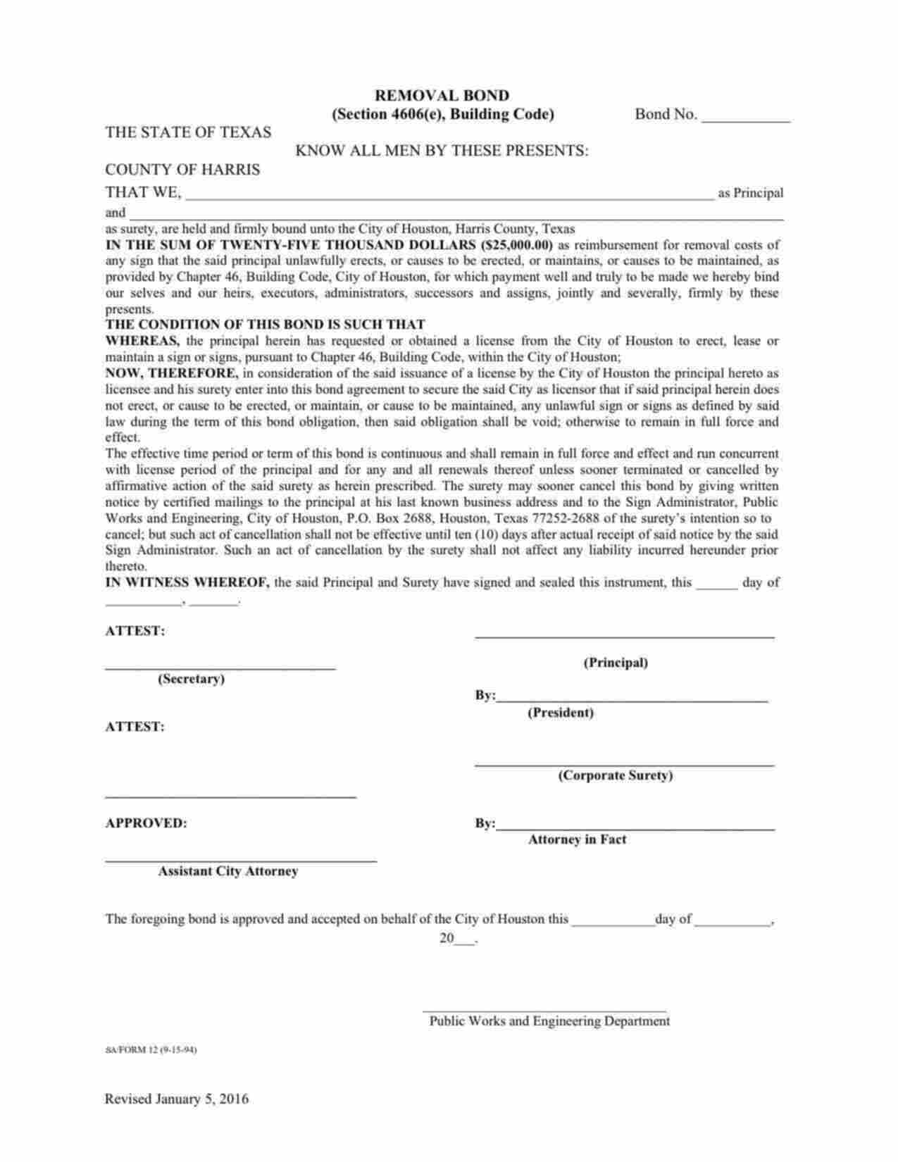 Texas Sign Removal Bond Form