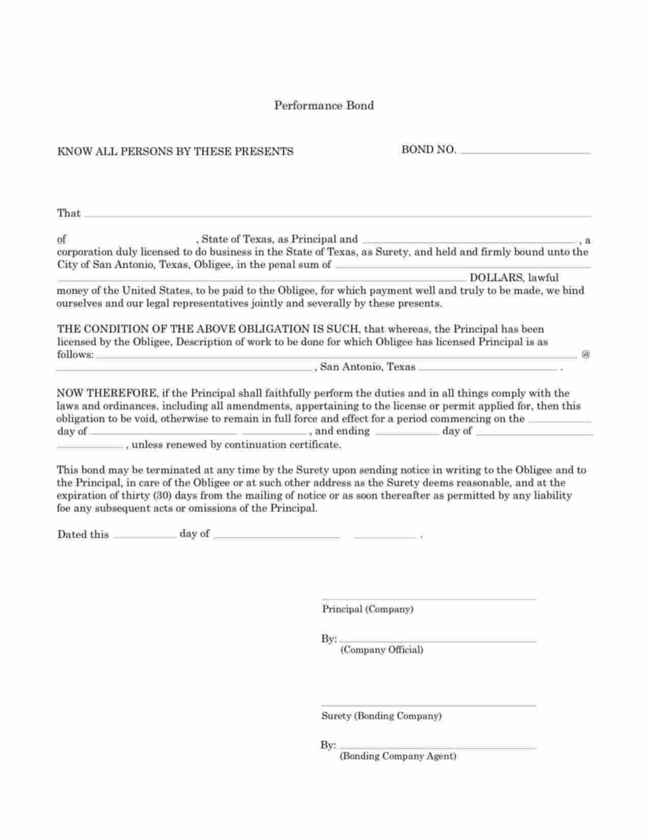 Texas Right of Way Performance Bond Form