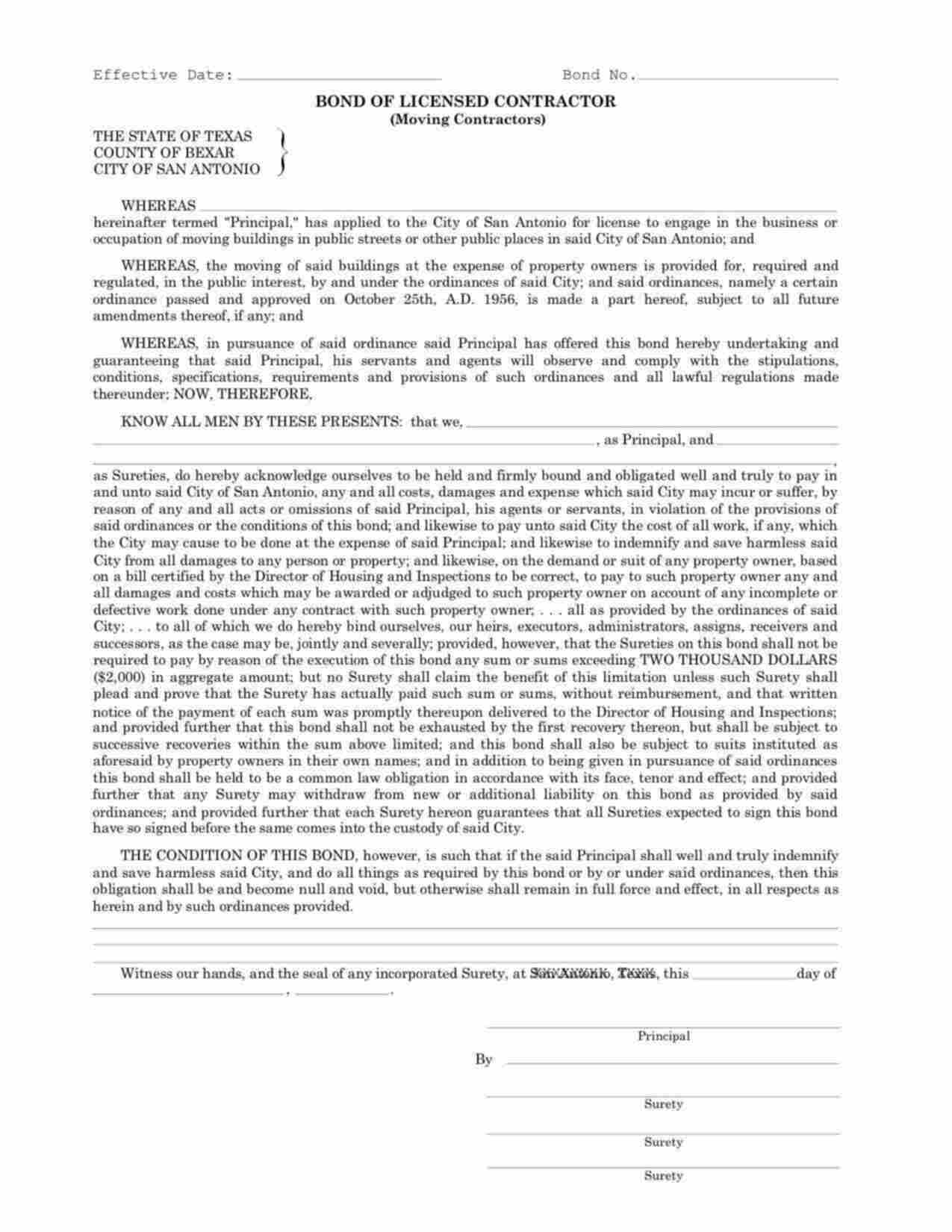 Texas Moving Contractor Bond Form