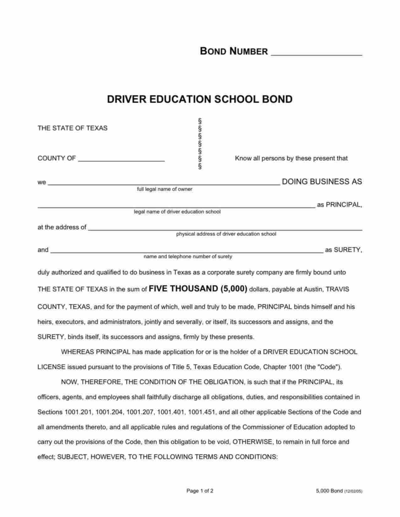 Texas Driver Education School: Branch Location Bond Form