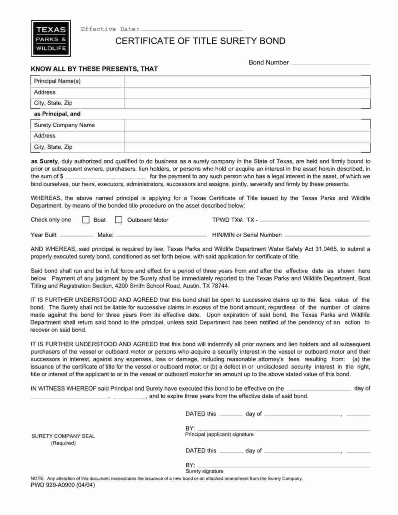 Surety Bond - Texas Lost Title (Outboard Motor)