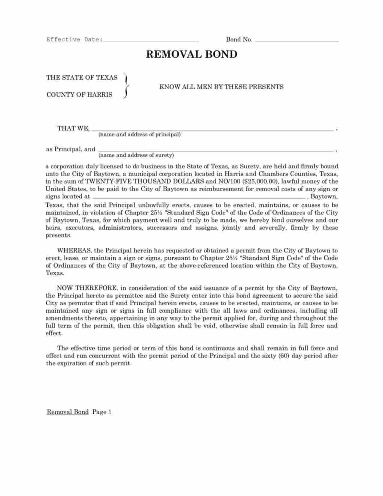 Texas Sign Removal Bond Form