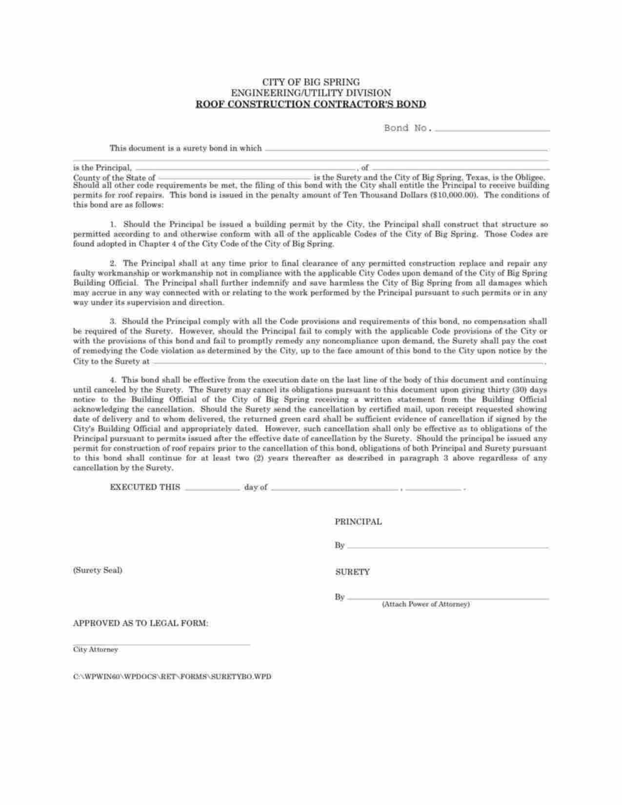 Texas Roof Construction Contractor Bond Form