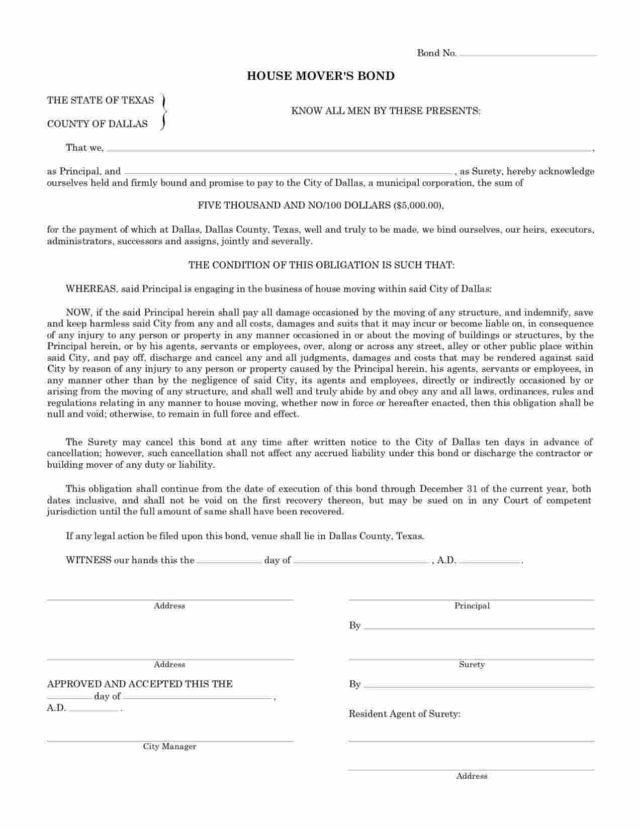 Texas House Mover Bond Form