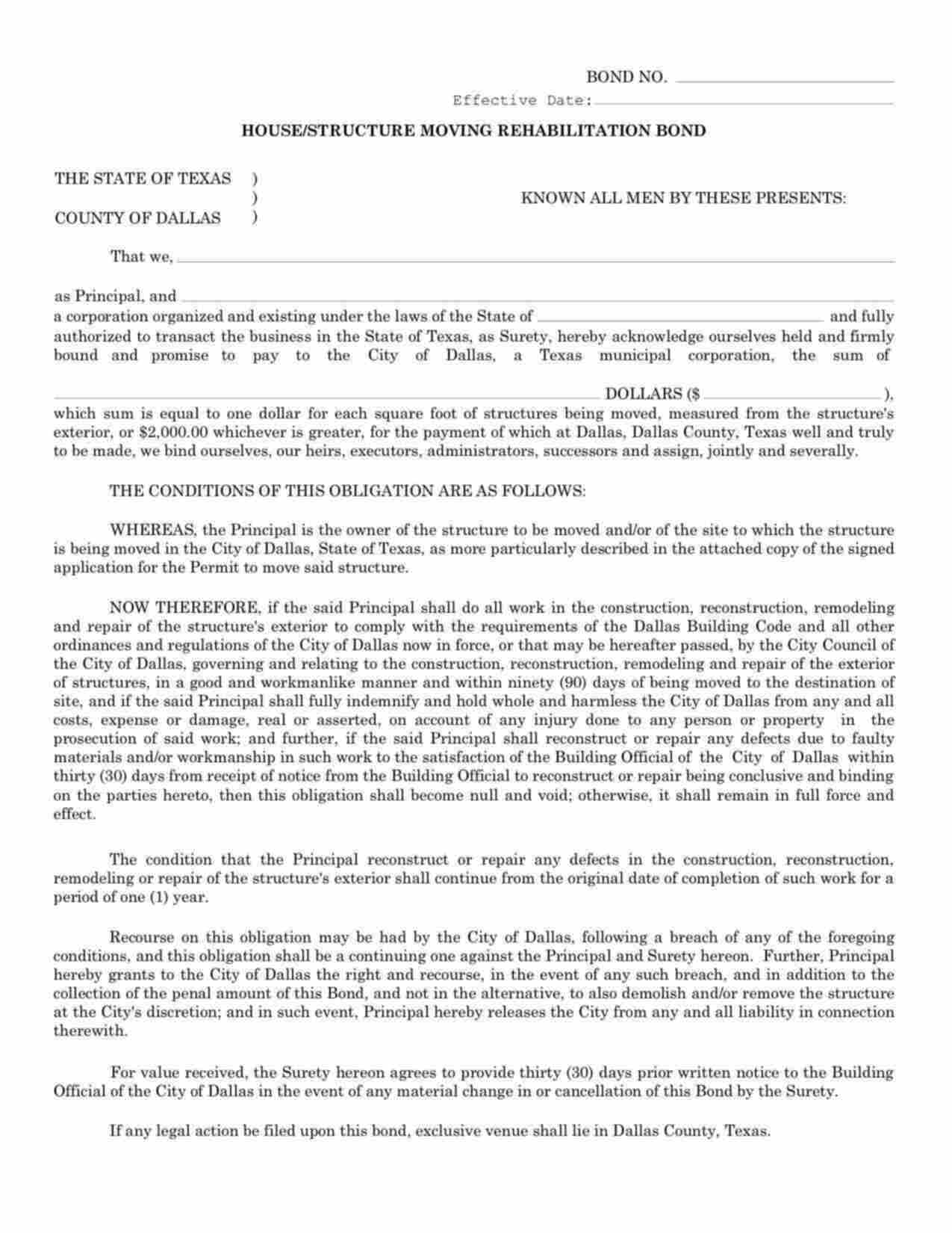 Texas House/Structure Moving Rehabilitation Bond Form