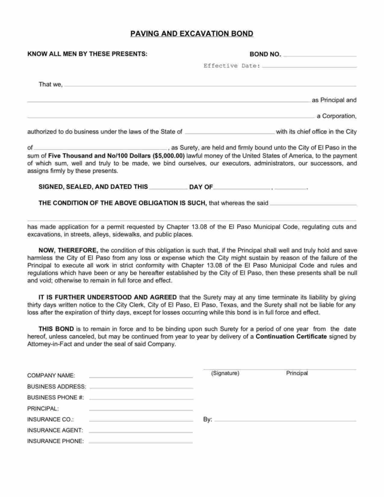 Texas Paving and Excavation Bond Form