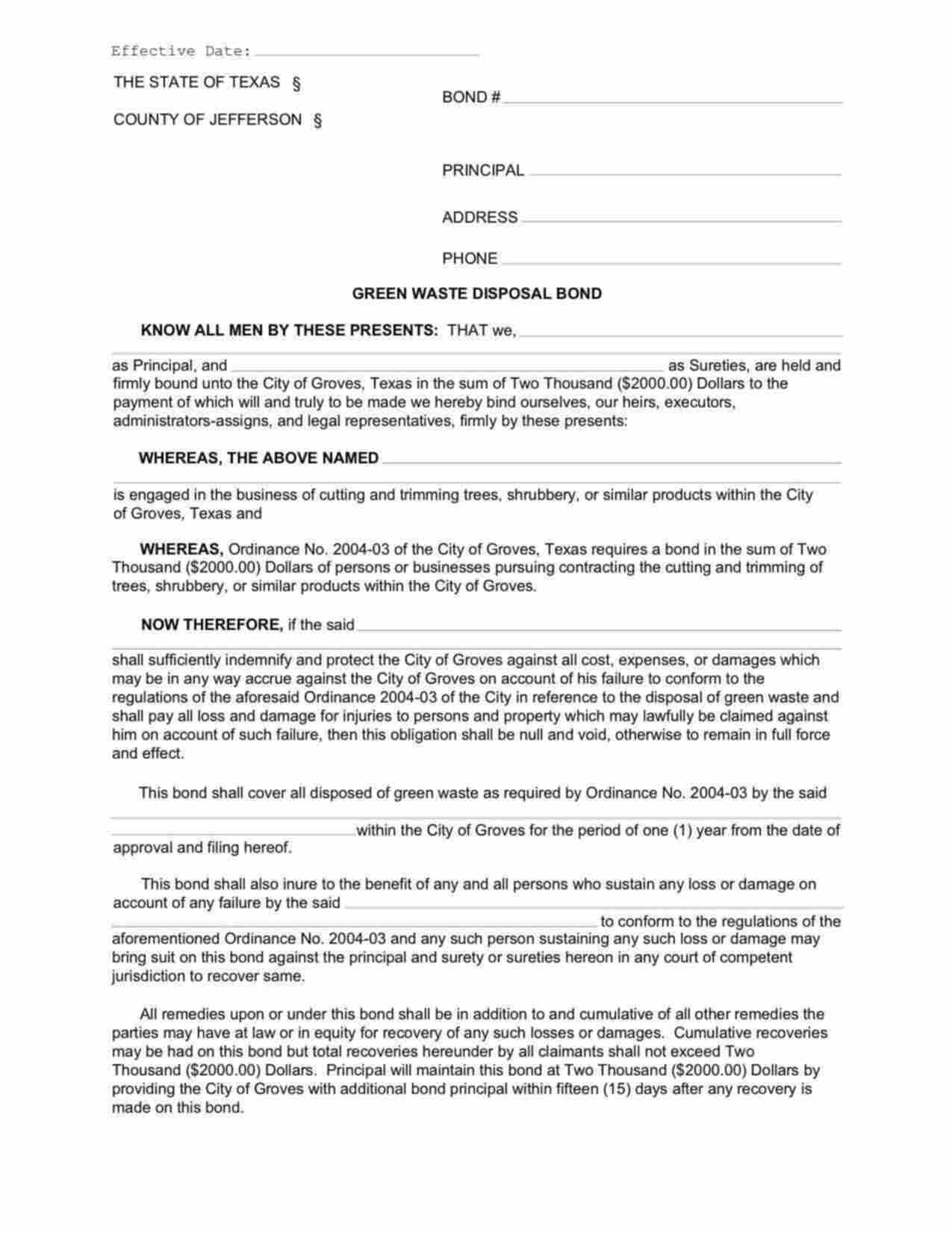 Texas Green Waste Disposal Bond Form