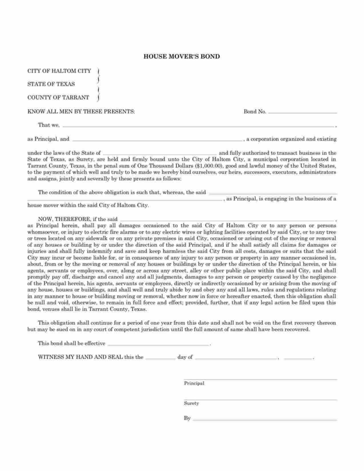 Texas House Mover Bond Form