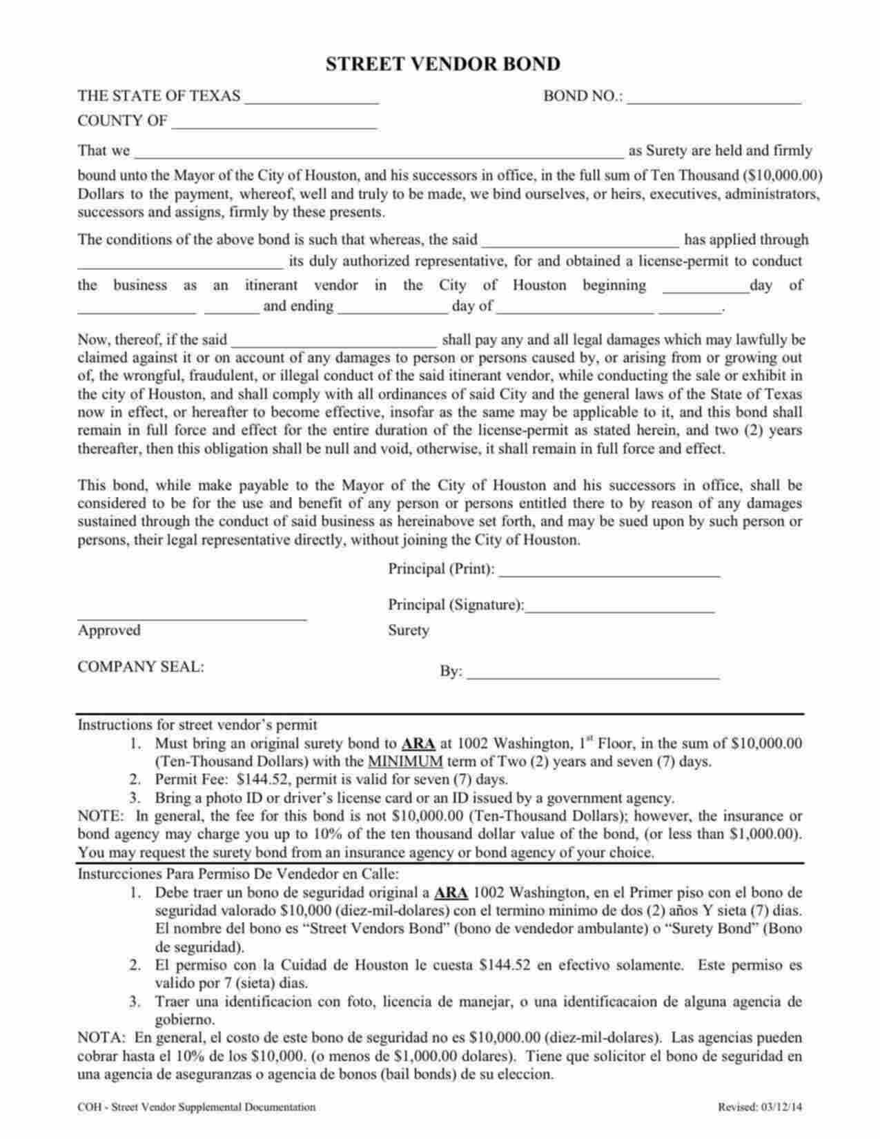 Texas Street Vendor Bond Form