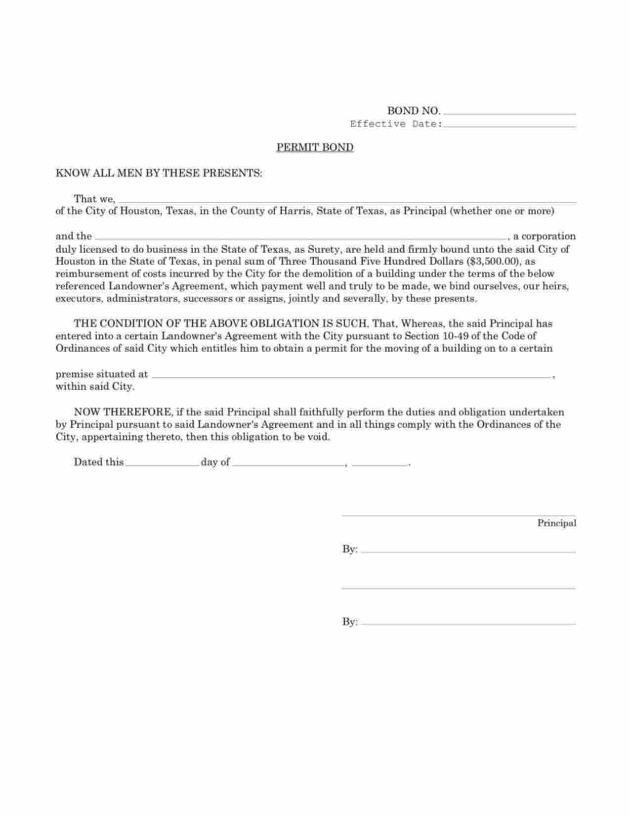 Texas Building Mover Permit Bond Form