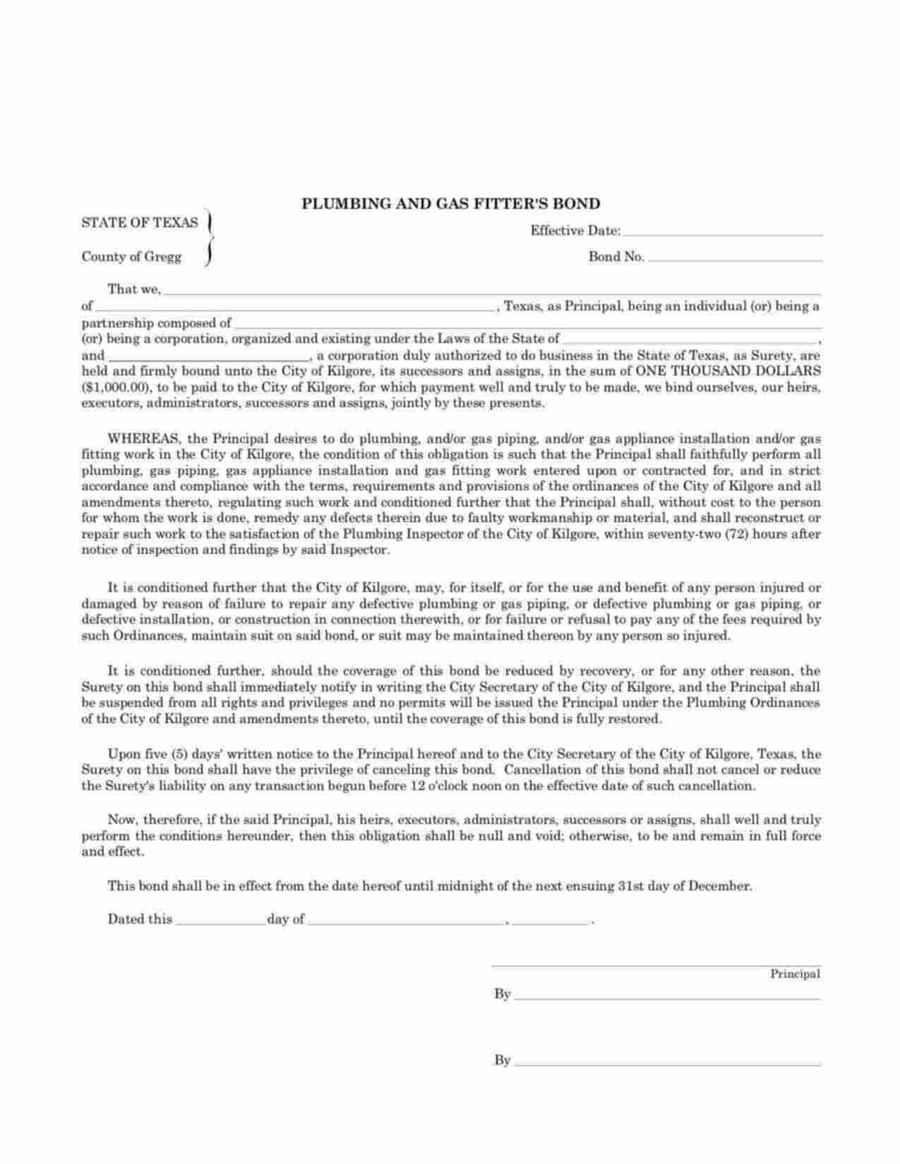 Texas Plumbing and Gas Fitter (Corporation) Bond Form