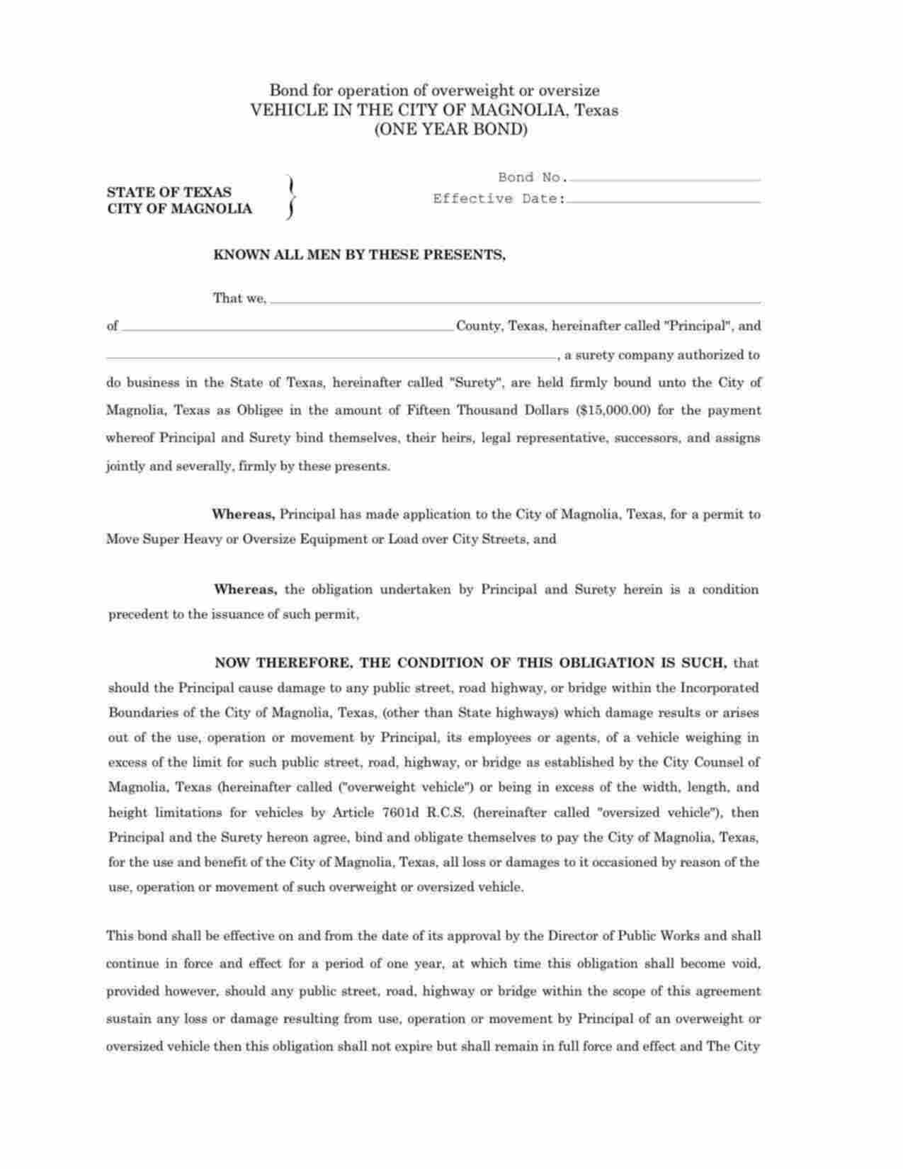 Texas Operation of Overweight or Oversize Vehicle Bond Form
