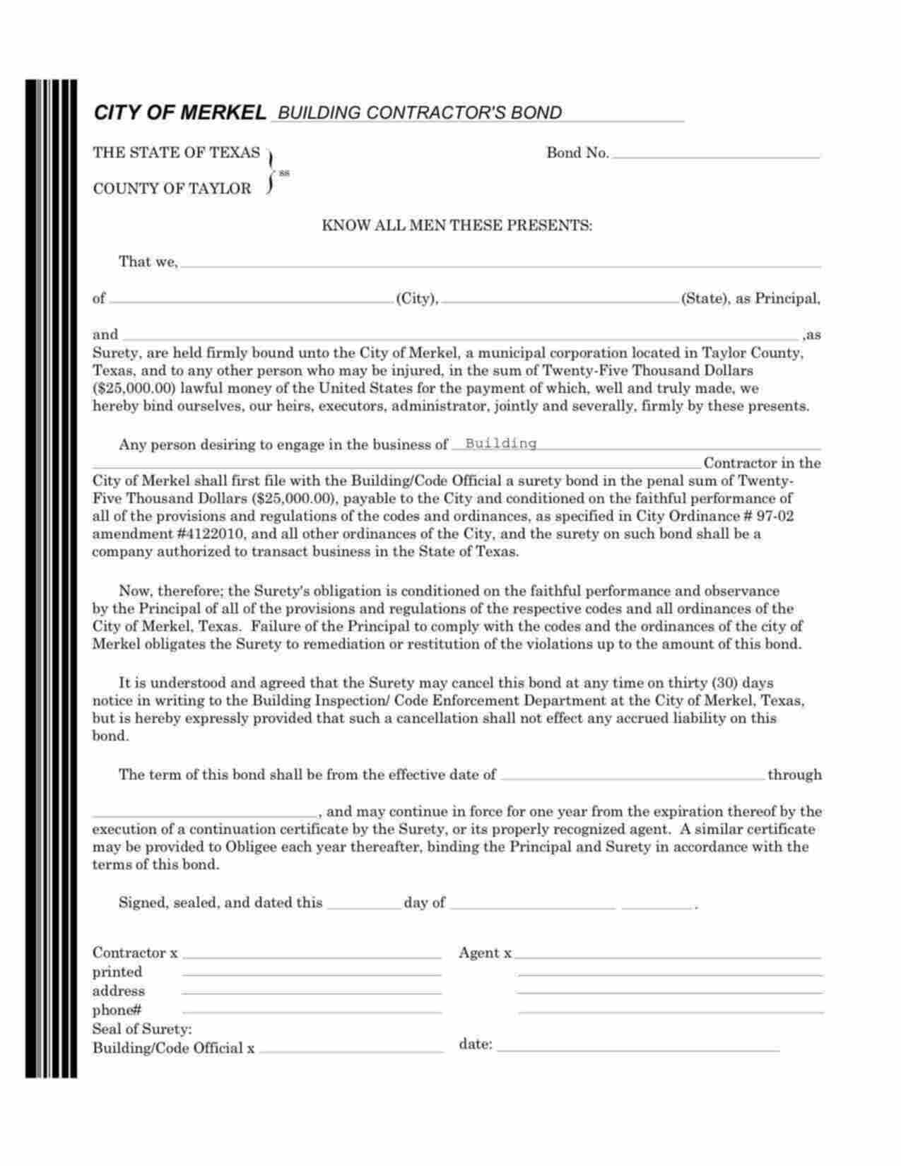 Texas Building Contractor Bond Form