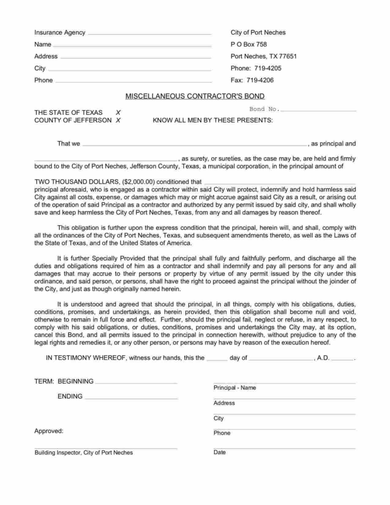 Texas Miscellaneous Contractor Bond Form