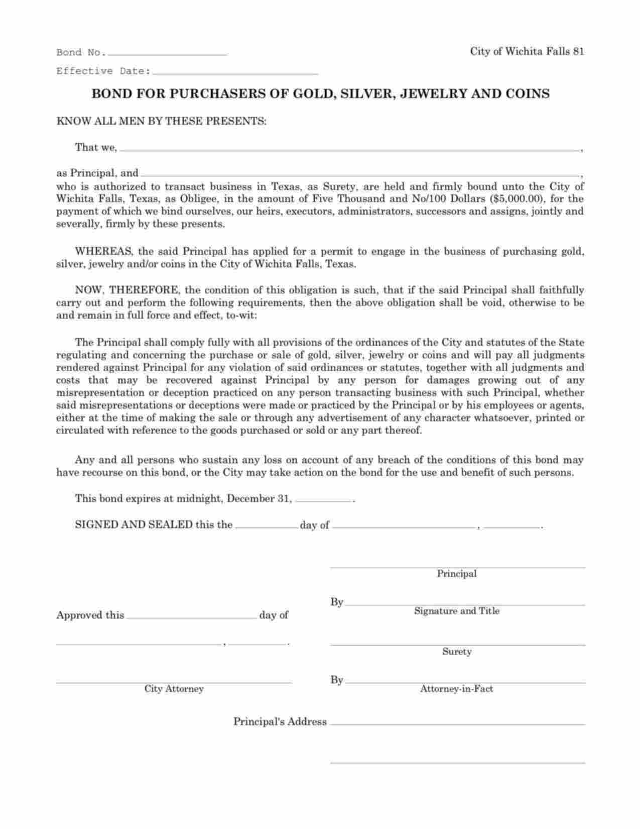 Texas Purchasers of Gold, Silver, Jewelry and Coins Bond Form