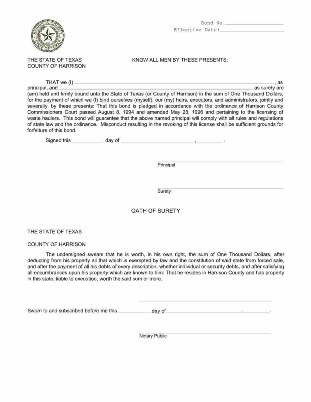 Texas Waste Haulers Bond Form