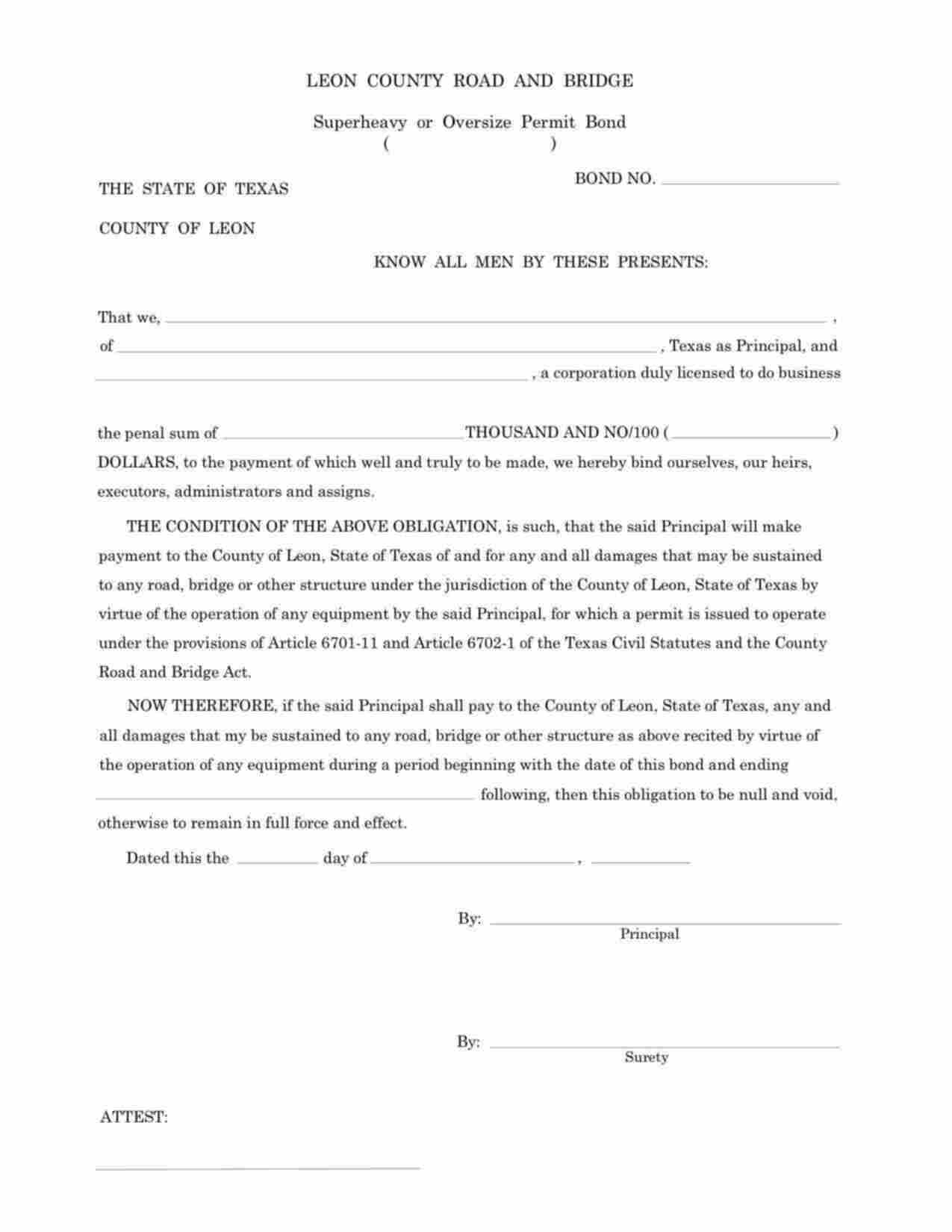 Texas Superheavy or Oversize Permit Bond Form