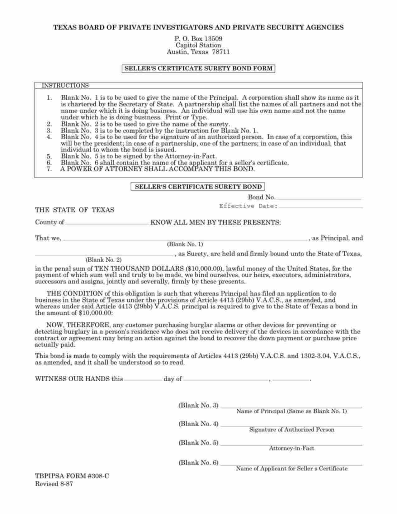 Texas Burglar Alarm Seller's Certificate Bond Form