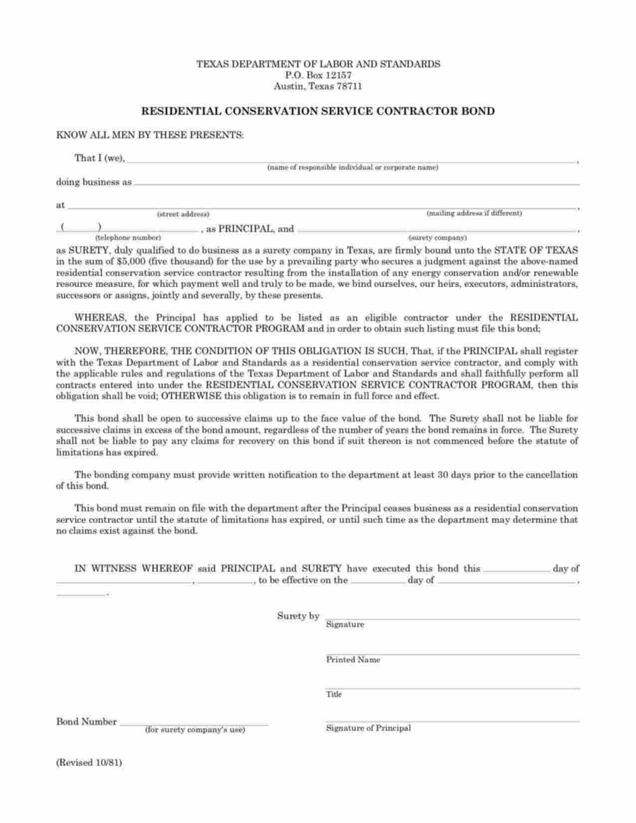 Texas Residential Conservation Service Contractor Bond Form