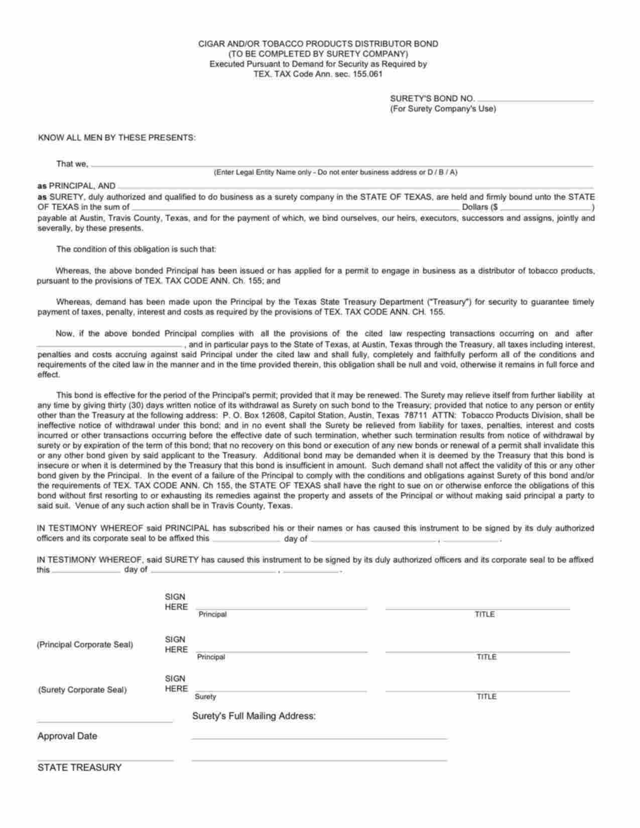 Texas Cigar and/or Tobacco Products Distributor Bond Form