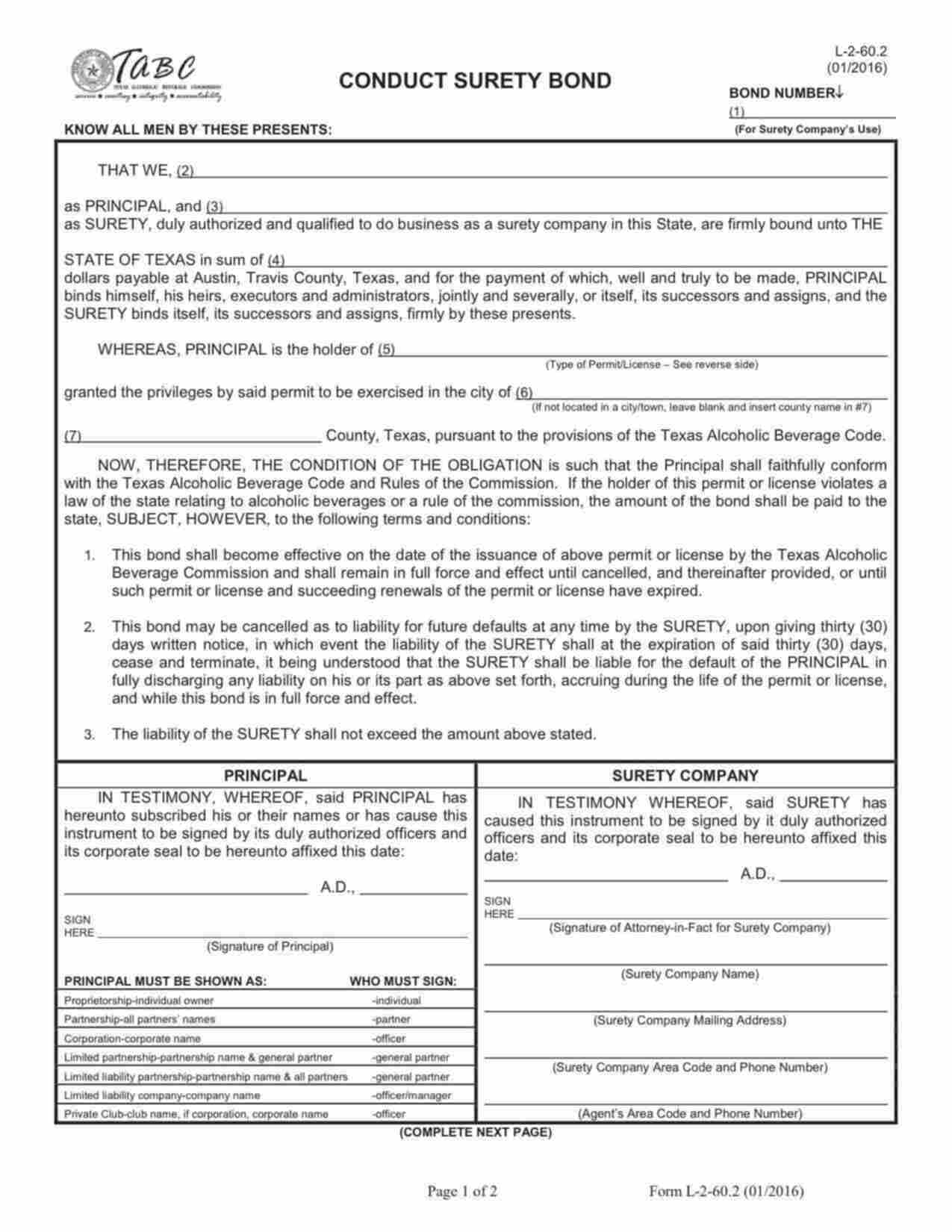 Texas Conduct: Wine & Beer Retailer's Off Premise Permit (BQ) Bond Form