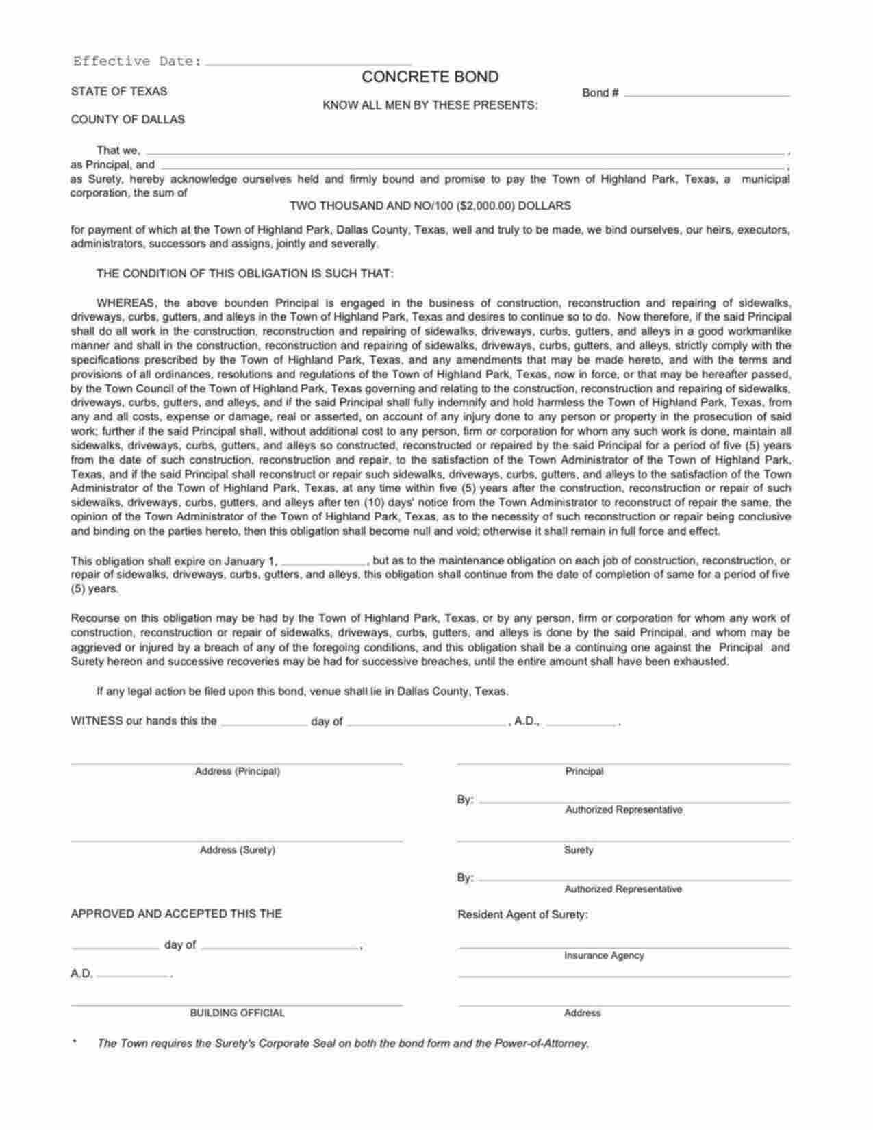 Texas Concrete Bond Form