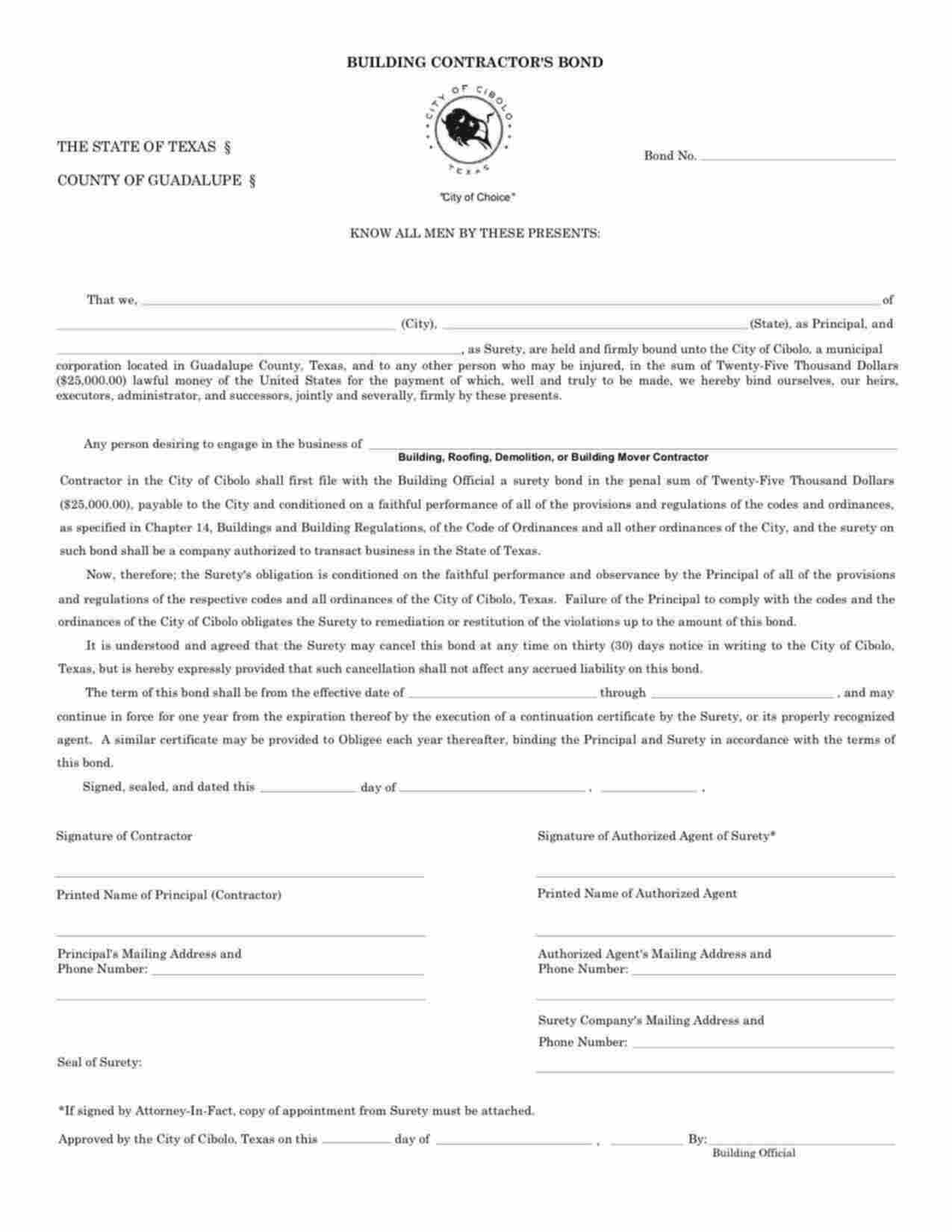 Texas Buiding Contractor Bond Form