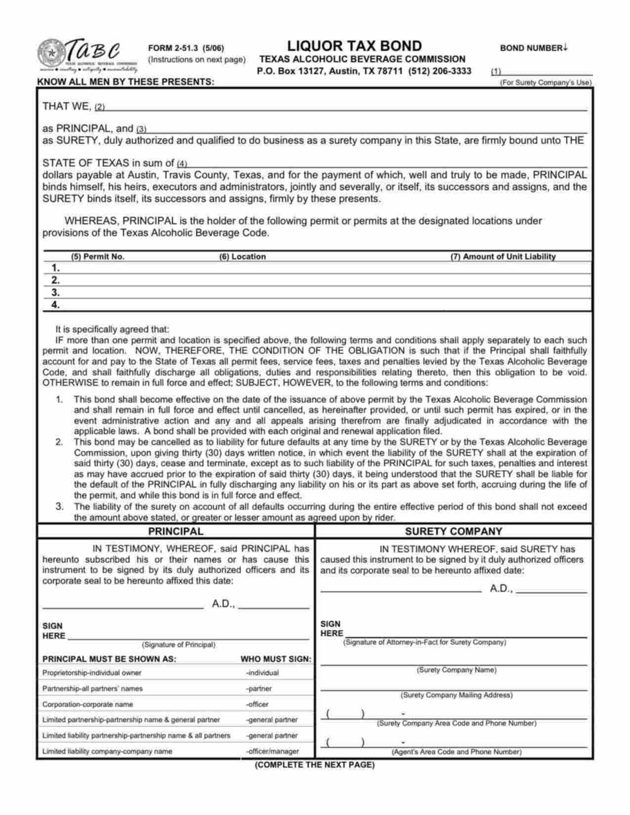 Texas Liquor Tax Permit Bond Form