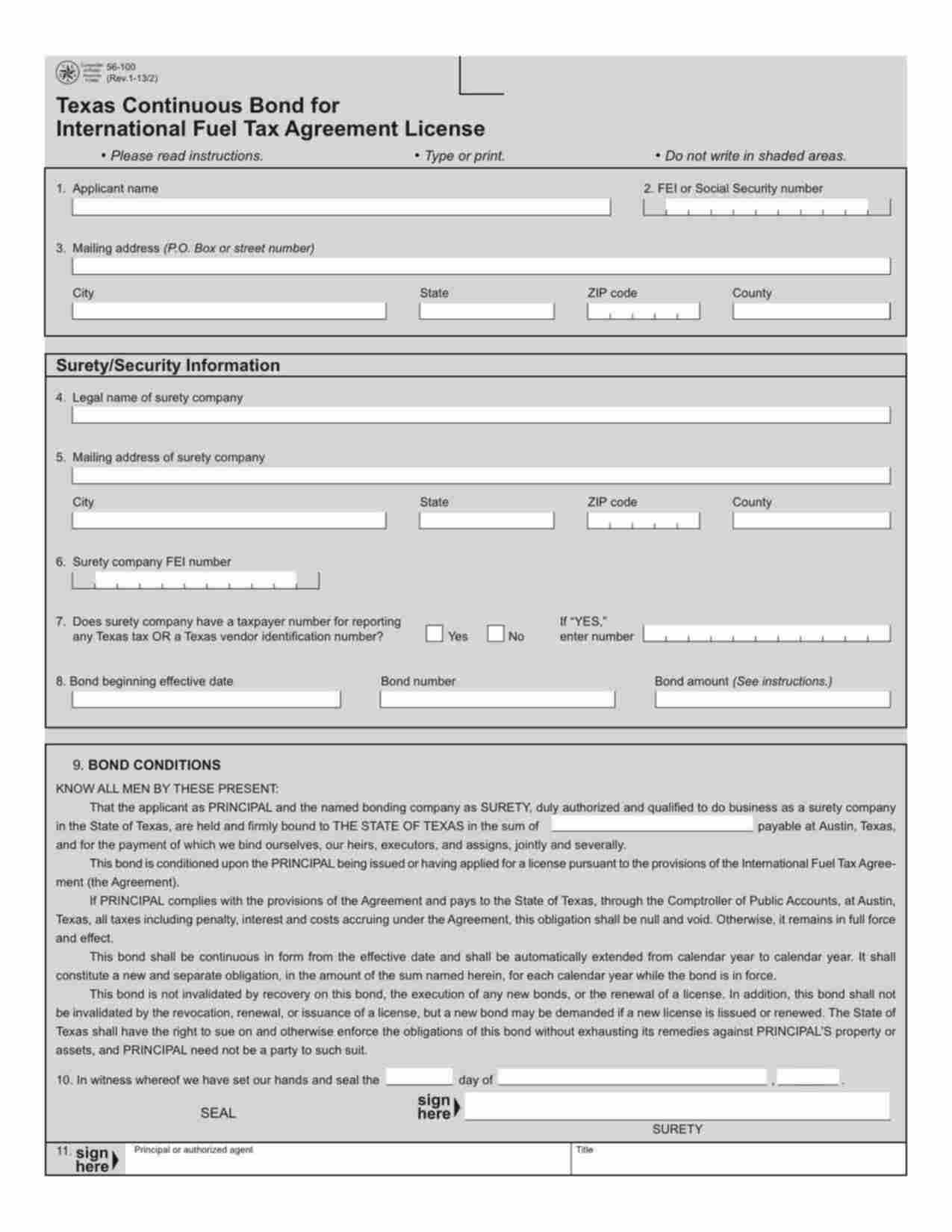 Texas International Fuel Tax Agreement License (IFTA) Bond Form