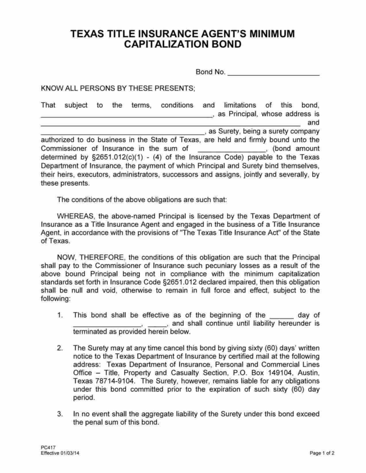 Texas Title Insurance Agent's Minimum Capitalization Bond Form