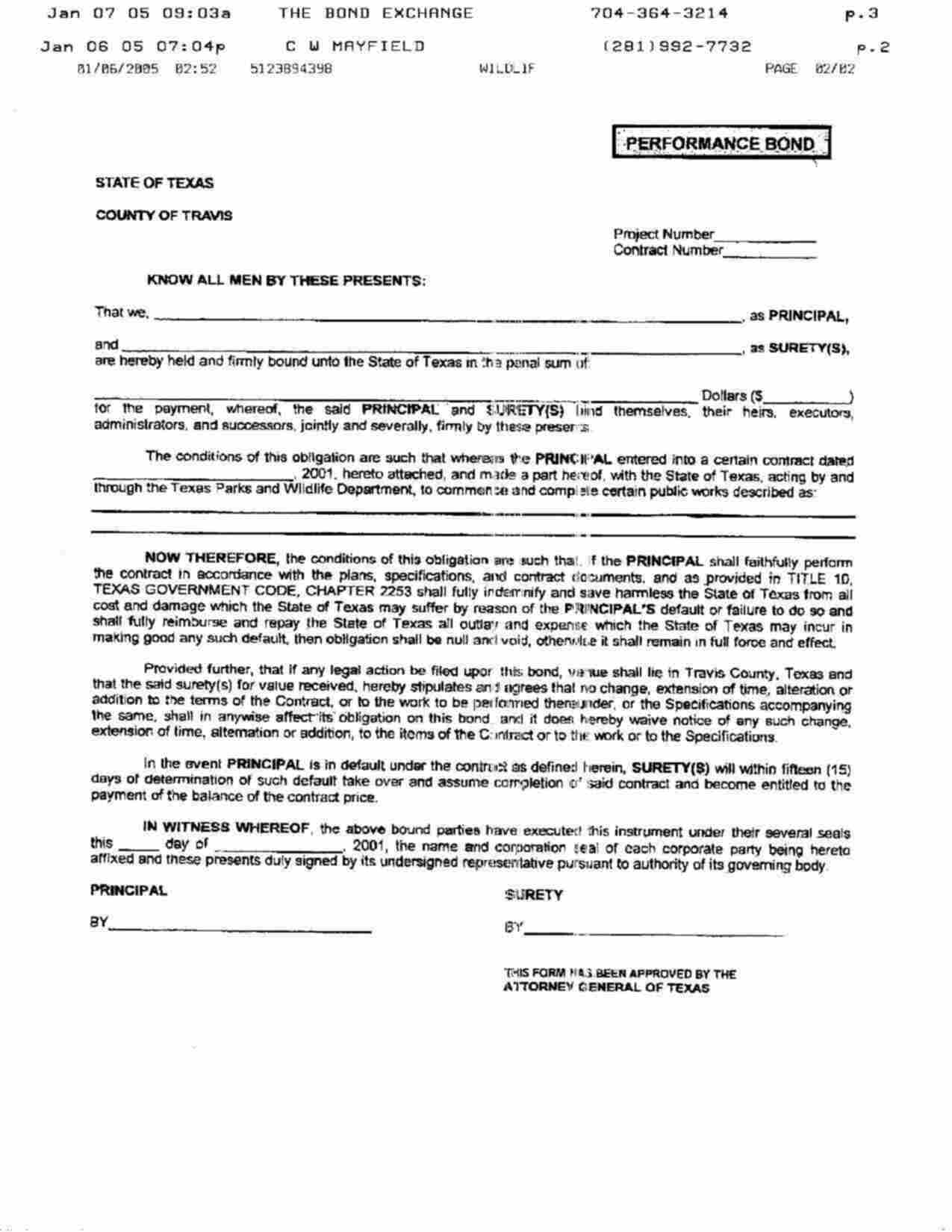 Texas Competitive Hunting Dog Event Bond Form