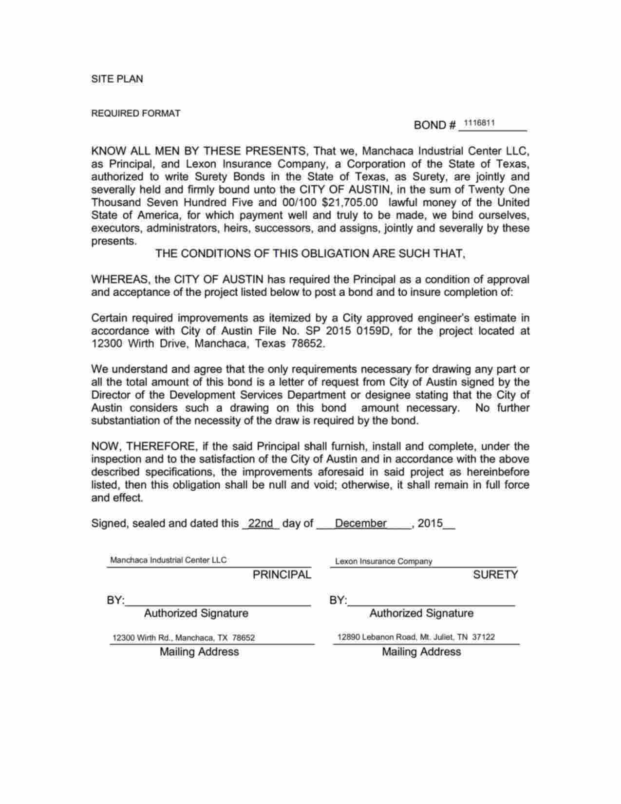 Texas Site Improvement Performance Bond Form