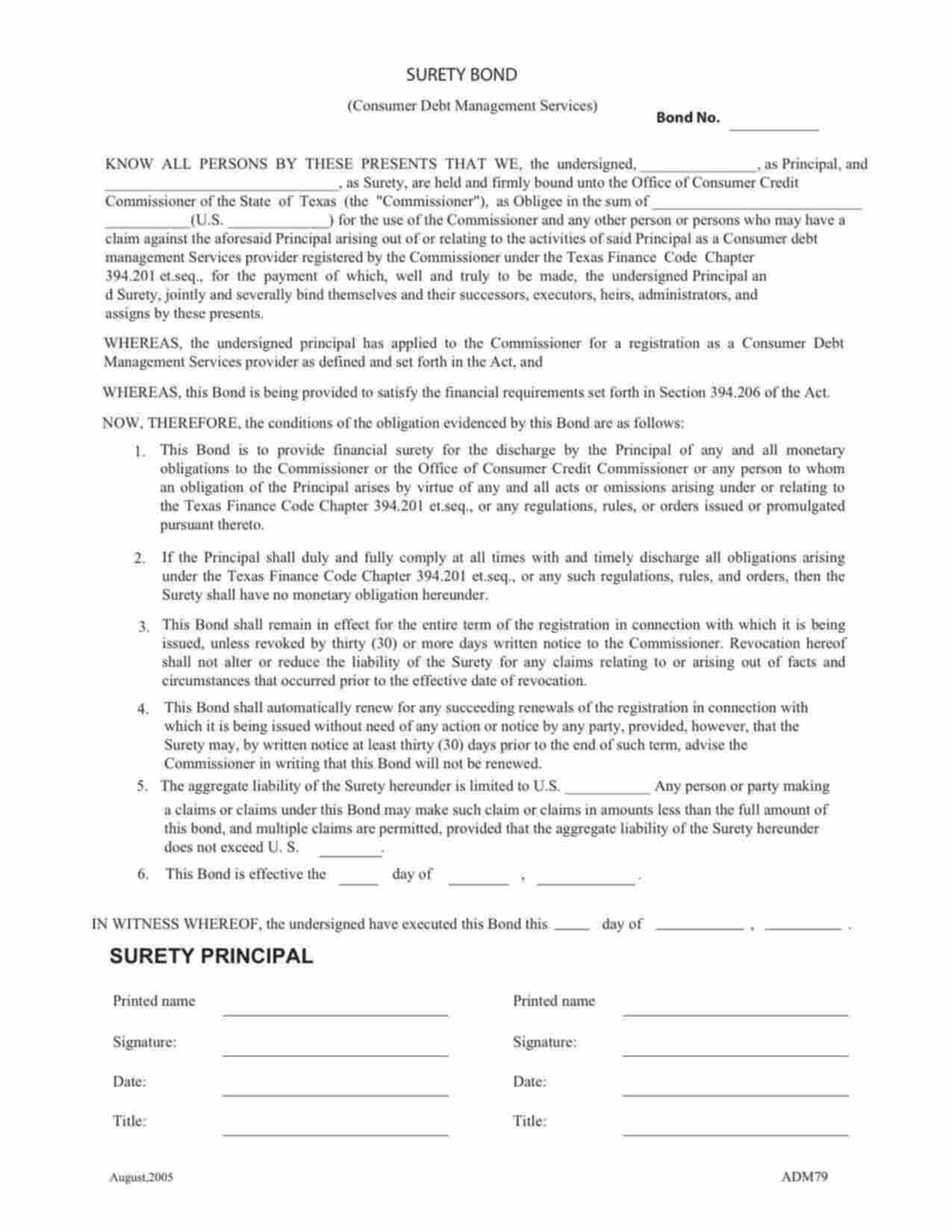 Texas Consumer Debt Management Services Bond Form