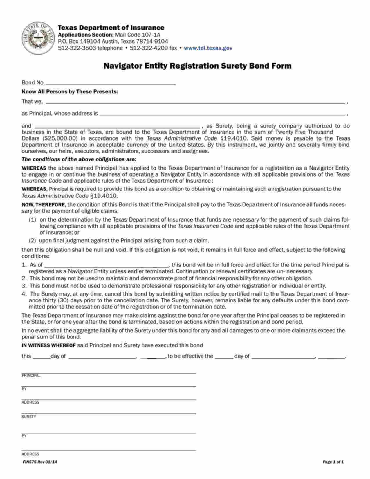 Texas Health Care Exchange Navigator Entity Registration Bond Form