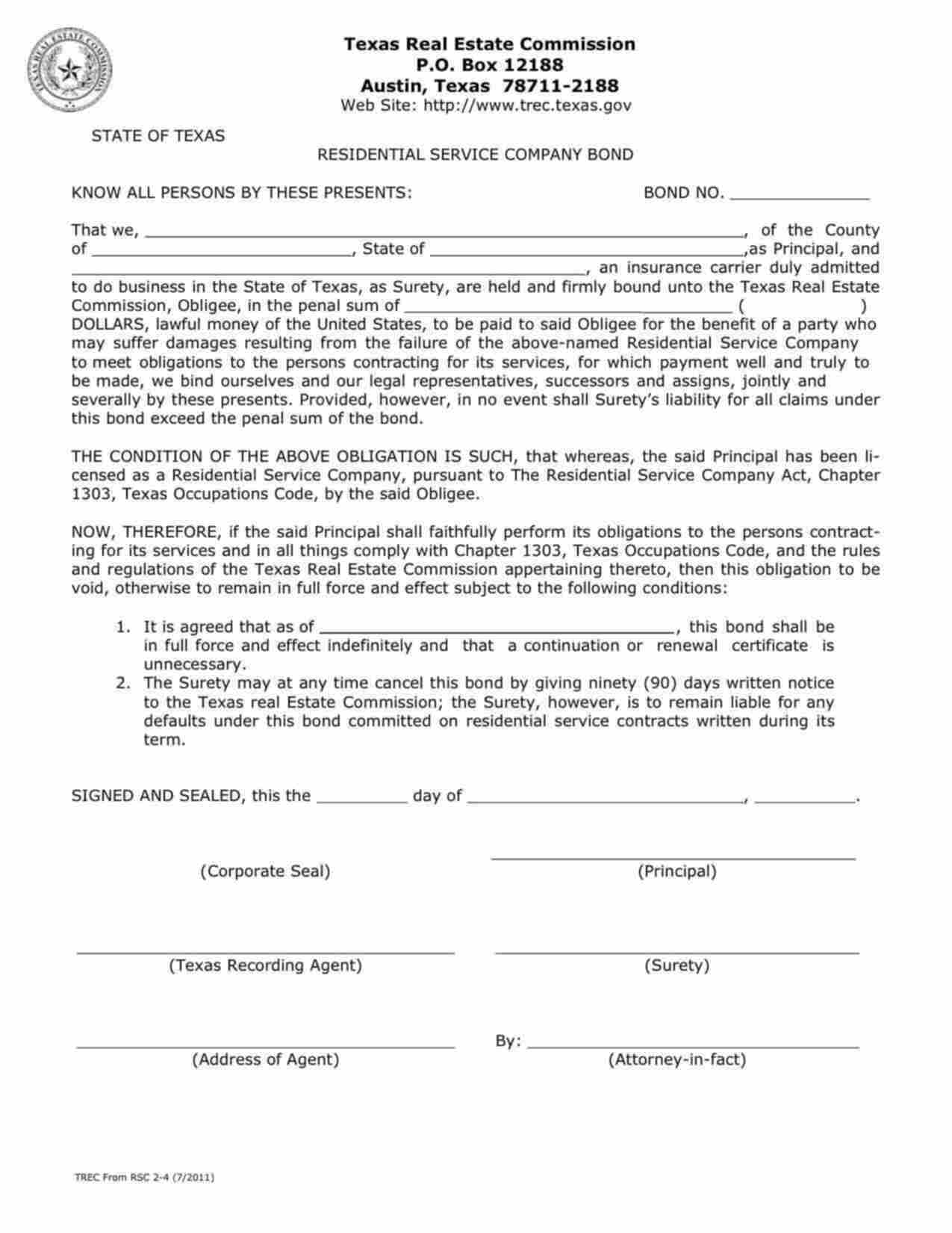 Texas Residential Service Company Bond Form