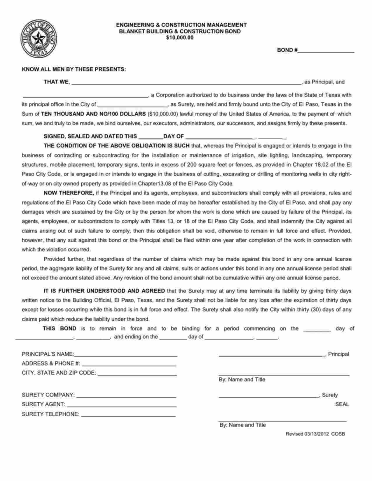 Texas Blanket Building and Construction Bond Form