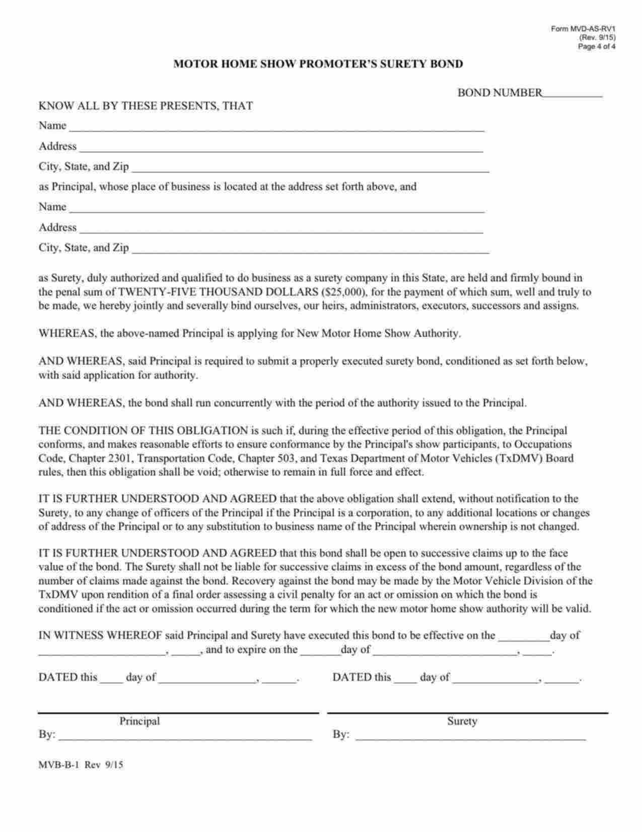 Texas Motor Home Show Promoter Bond Form