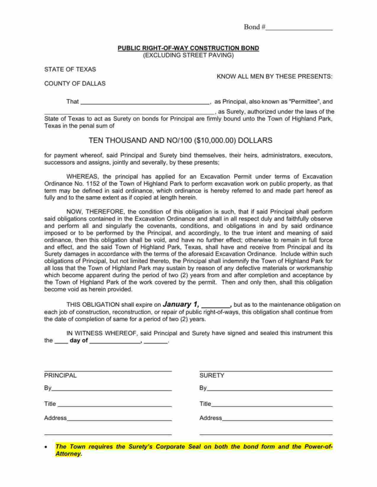 Texas Public Right-of-Way Construction (Excluding Street Paving) Bond Form